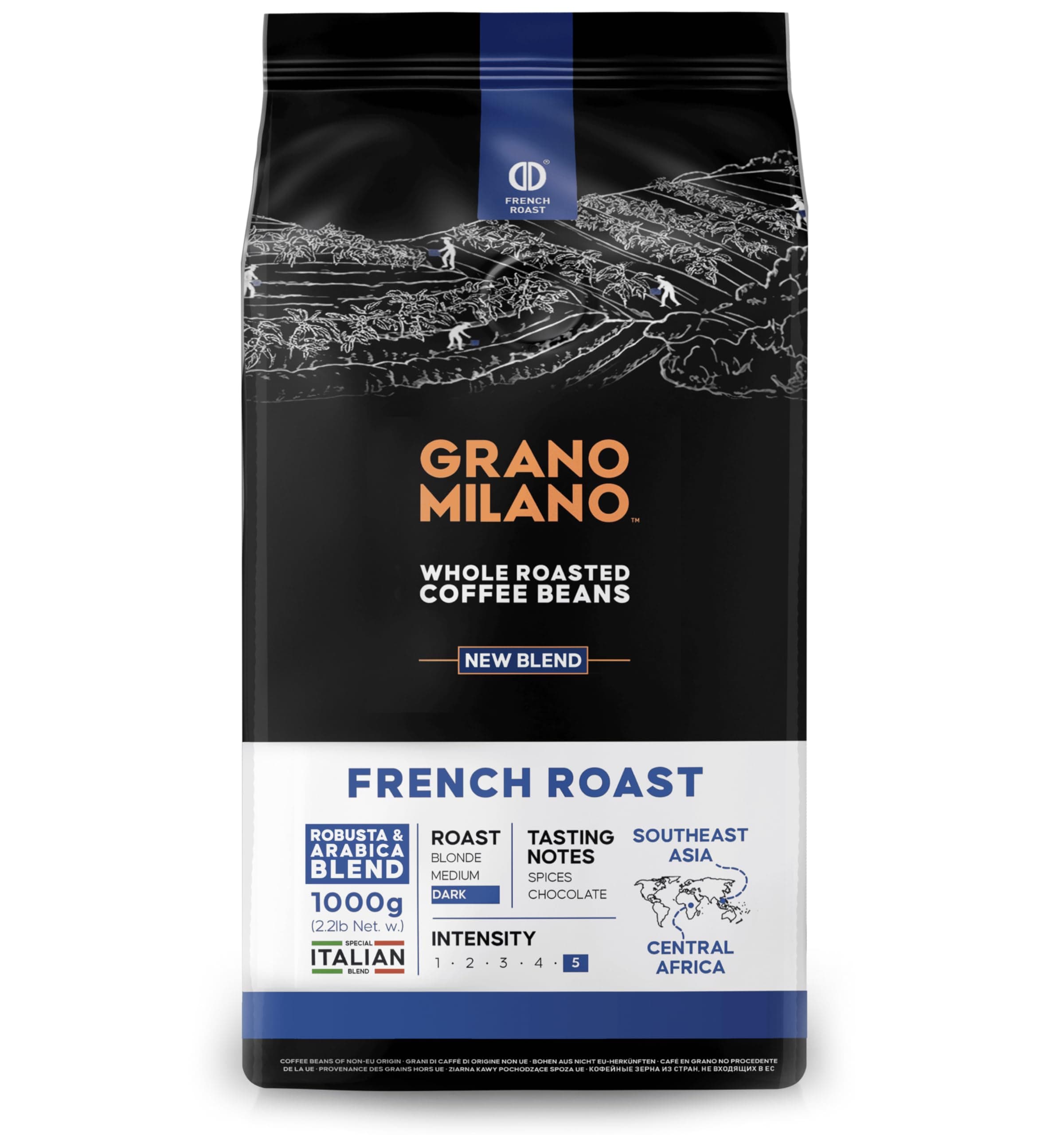 French Roast Robusta & Arabica Coffee Beans 1kg – Extra Strong Dark Roast Espresso, Intensity 5/5, Southeast Asia & Central Africa Origins, Roasted in Italy (Packaging May Vary)