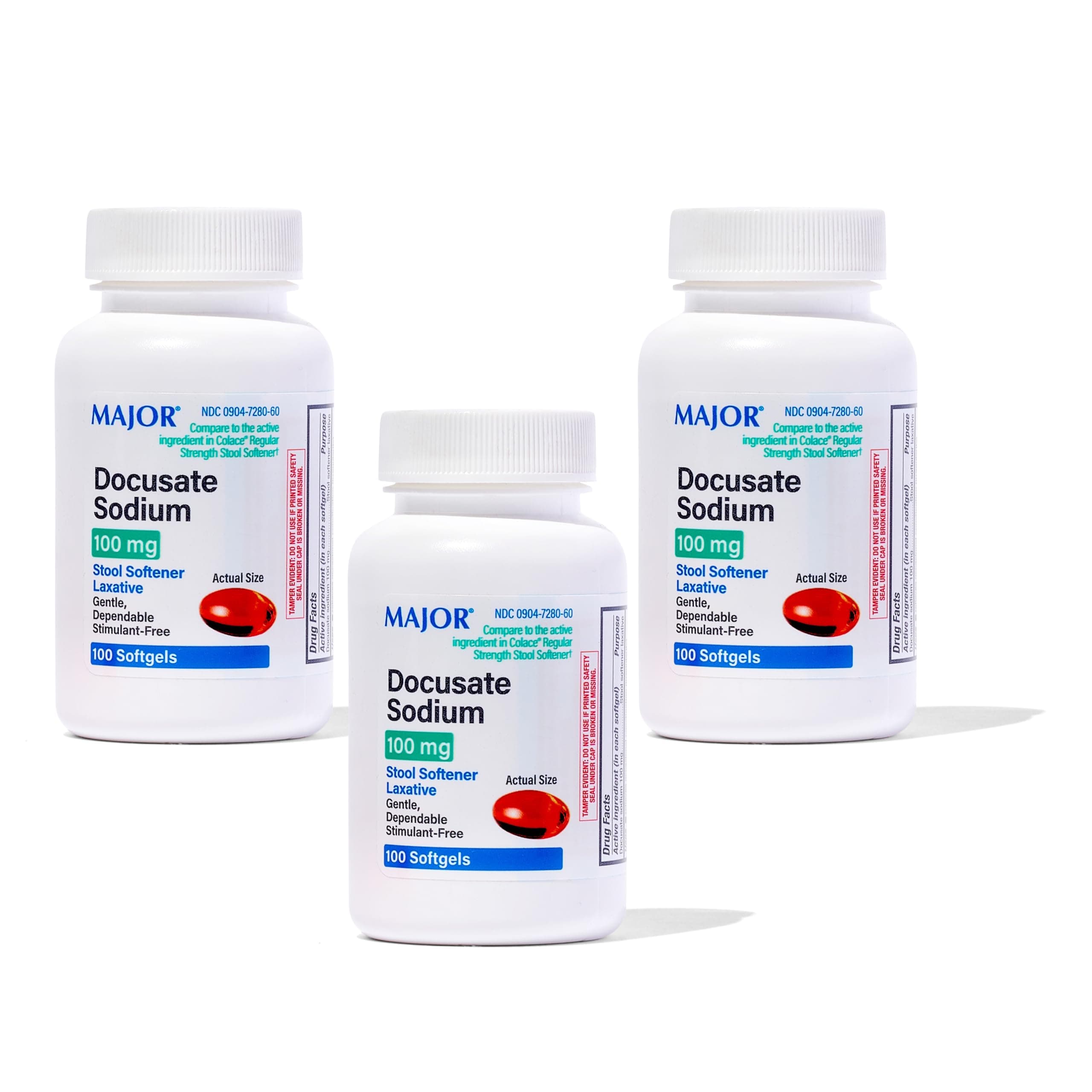 MAJOR Docusate Sodium 100 mg - Stool Softener Tablets for Constipation Relief - Helps Stop Constipation - Stool Softeners for Women, Men, and Kids Ages 12+ - 100 Tablets (3 Pack)