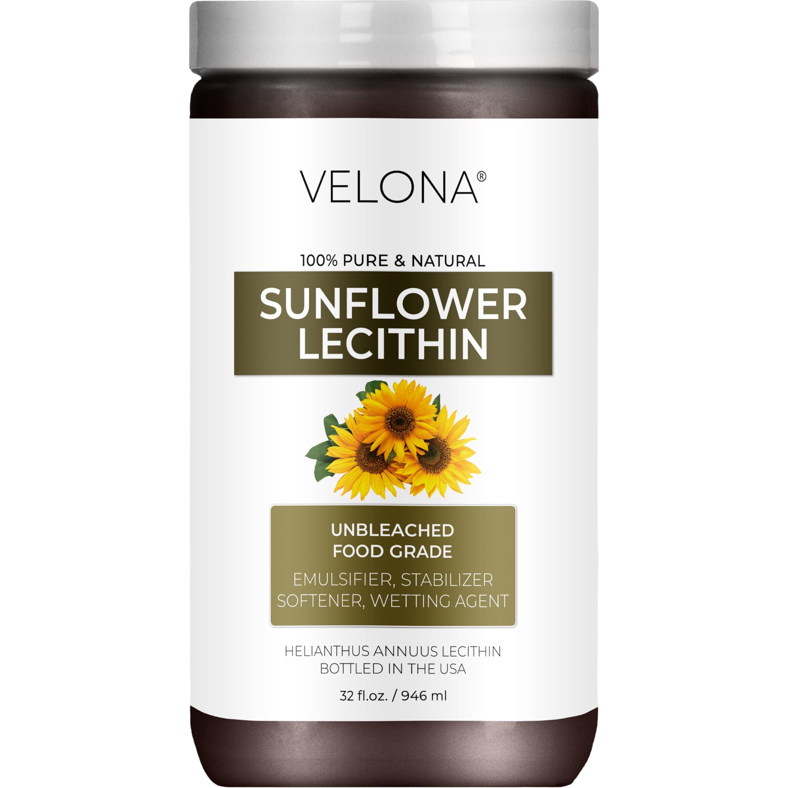 velona Pure Liquid Sunflower Lecithin 32 Fl Oz | Food Grade | Unbleached | Emulsifier, Stabilizer, Softener, Smoother, Wetting Agent | Use Today - Enjoy Results