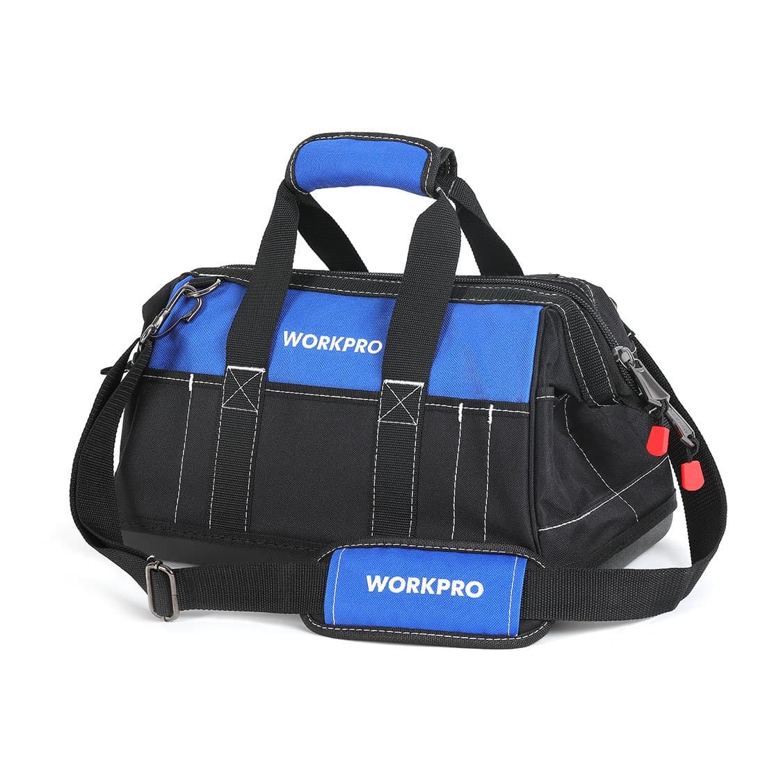 WORKPRO Tool Bag 40 cm, Multi-pockets Heavy Duty Tool Bags with Waterproof Plastic Hard Base, Wide Open Mouth Heavy Duty Electricians Tool Bag with Adjustable Shoulder Strap