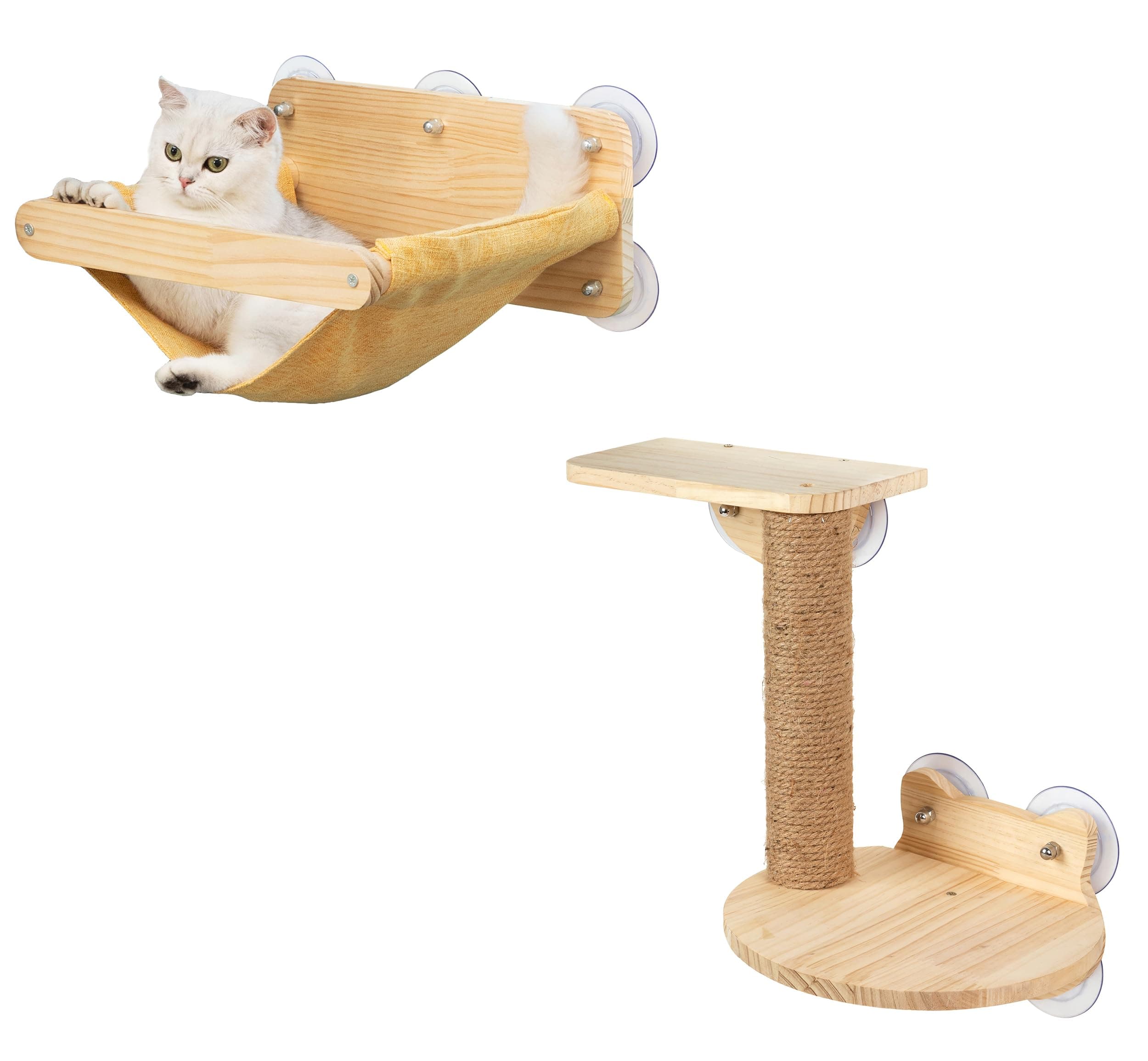 HAPYKITYS Cat Window Hammock Bed 4pcs/Set Cat Window Perch for Indoor Cats Seat with Two Shelves and One Scratching Post Sunction Cup Mounted