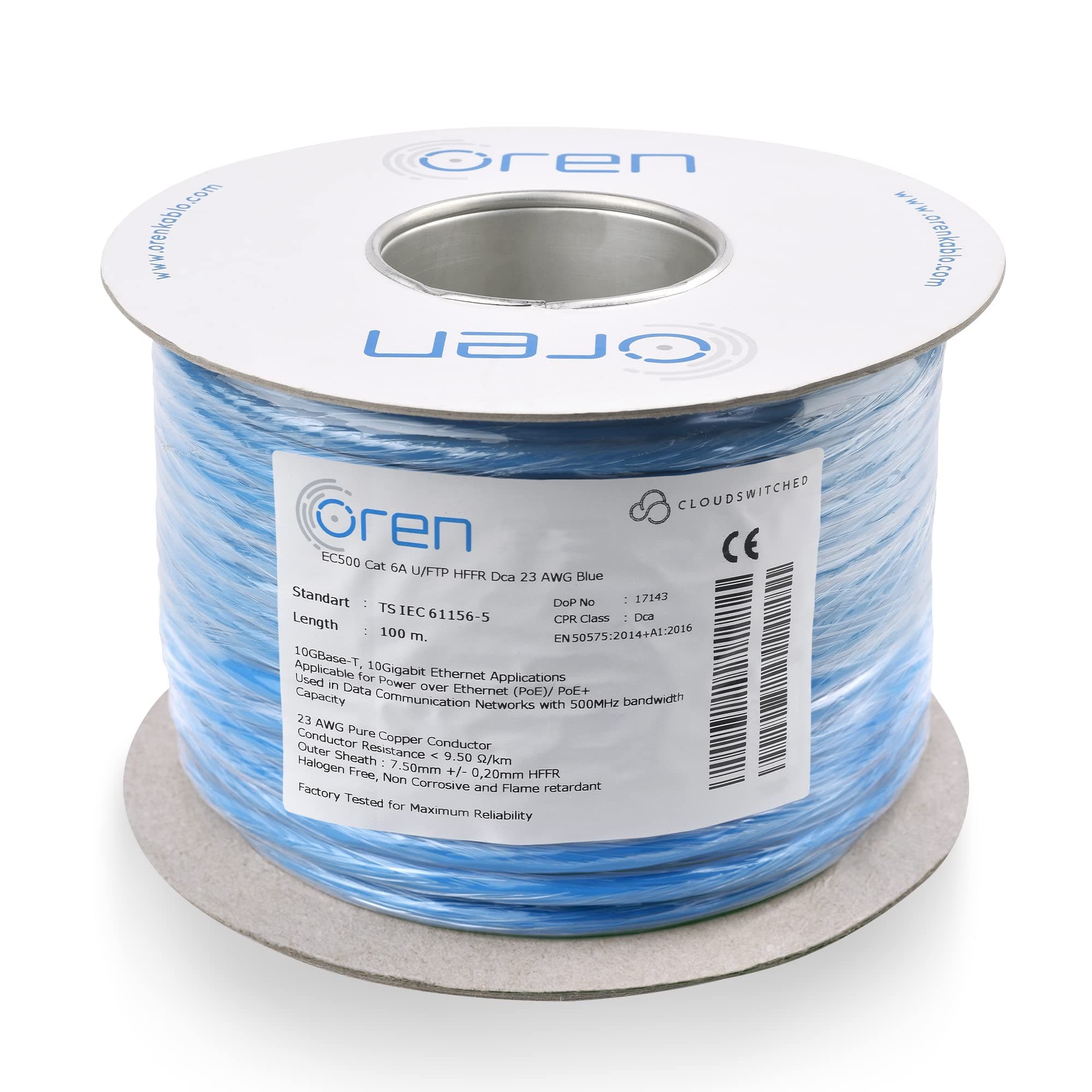 Oren CAT6A 100m Ethernet Cable - 23 AWG Pure Copper Wire - 500 MHz Bandwidth U/FTP Internet LAN Network Cable - Halogen Free, Non-Corrosive - 10GbE High Speed Ethernet
