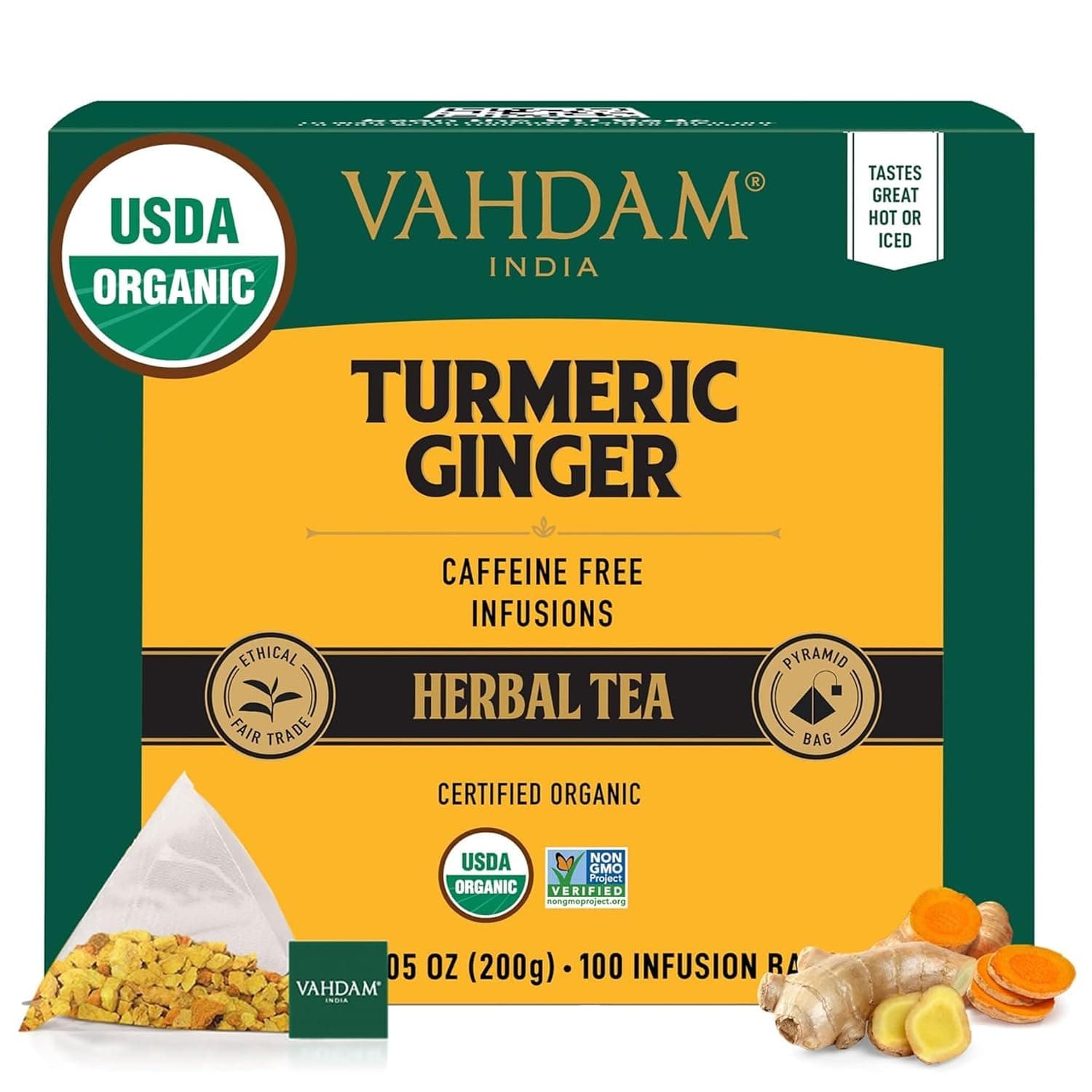VAHDAM Organic Turmeric Ginger Herbal Tea Bags (100 Pyramid Tea Bags) Caffeine Free, Non GMO | 100% Pure Herbal Blend - Savory & Spicy, Plant-Based Teabags | Resealable Ziplock Pouch