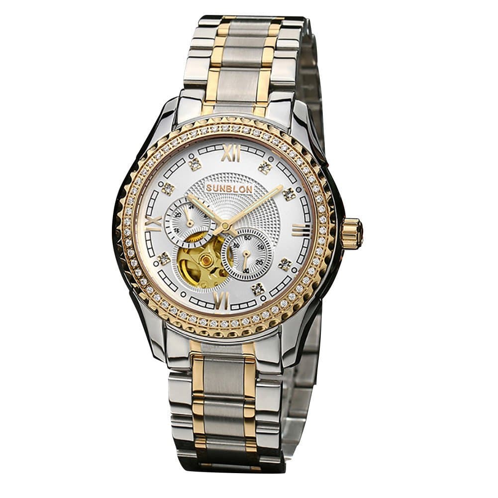 Watchpro4U SUNBLON S505B Water Resistant Stainless Steel Men's Automatic Mechanical Skeleton Watch