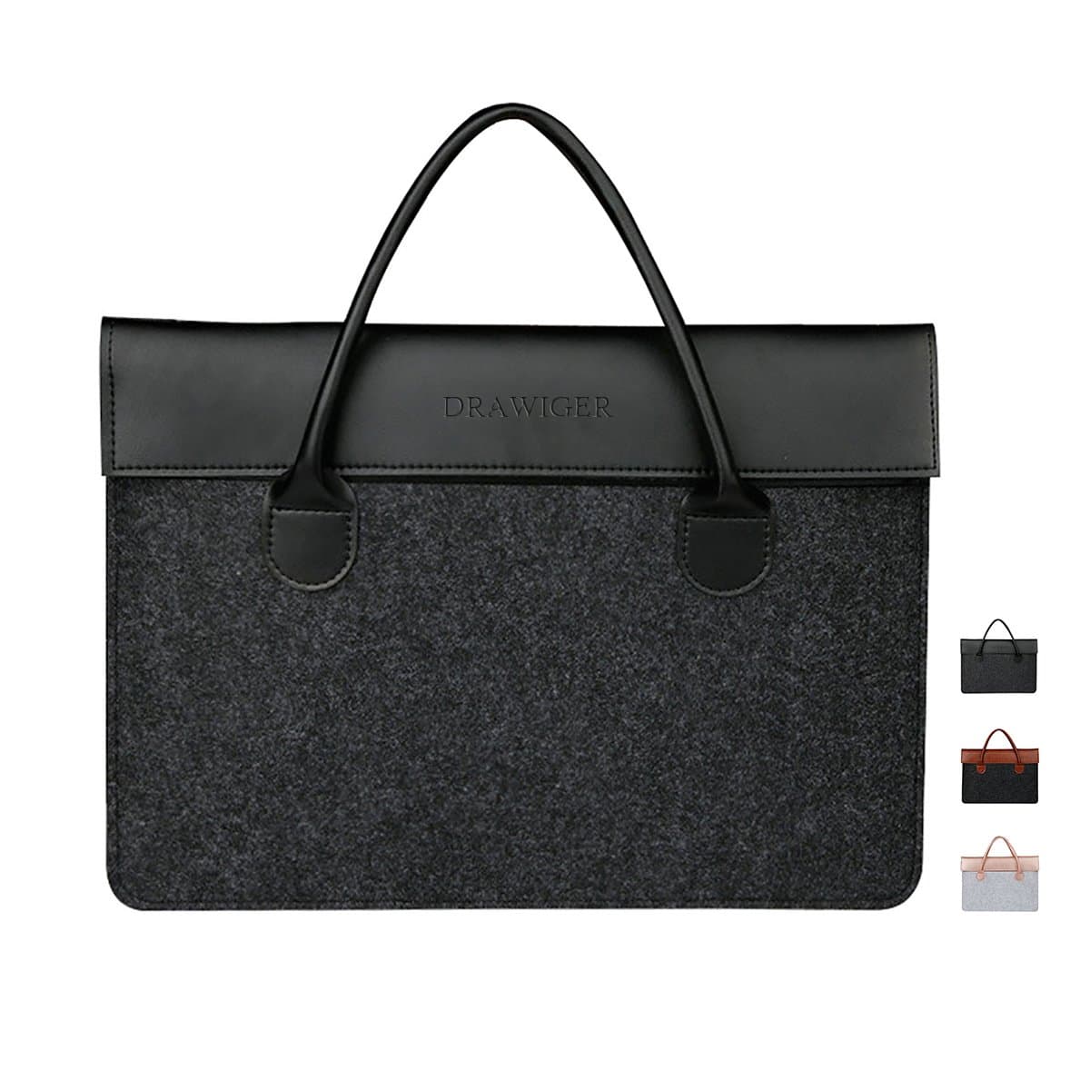 DRAWIGER Wool and Leather Laptop Bag for Men Slim Sleeve Case Handbag Briefcase for MacBook Air/Pro/Surface/Ultrabook/Tablet(Slim 13 inch, Black)