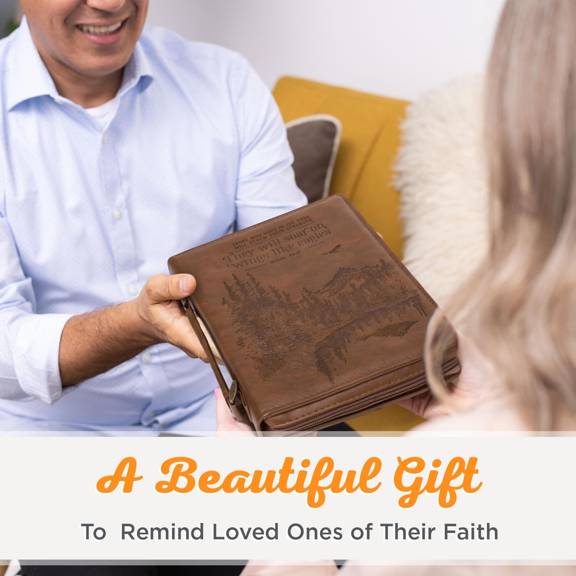 Christian Art Gifts Men's Classic Bible Cover On Wings Like Eagles Mountain Isaiah 40:31, Brown Faux Leather, Large