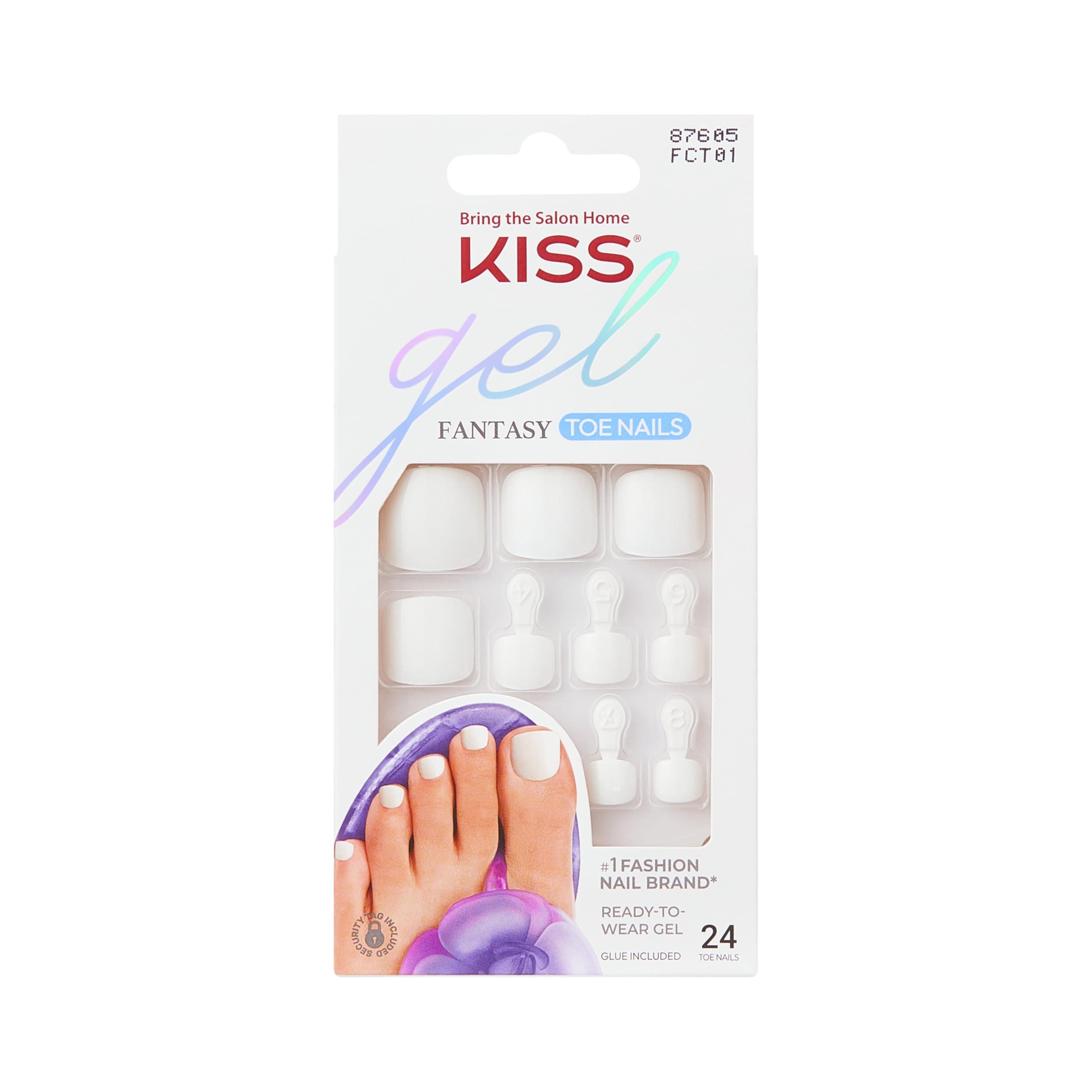KISS Gel Fantasy Collection Ready-To-Wear Fake Toenails Pedicure Set, Style 'This is Classic', with Mini Nail File, Pink Gel Nail Glue & 24 White Smudge-Proof Glue-On Toenails