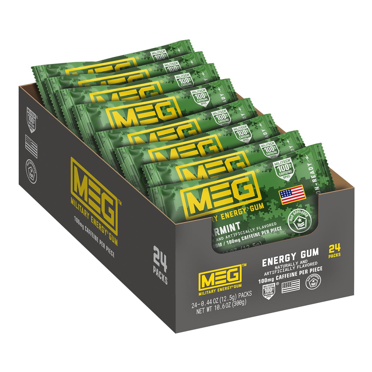 MEG - Military Energy Gum | 100mg of Caffeine Per Piece + Increase Energy + Boost Physical Performance + Spearmint 24 Pack (120 Count)