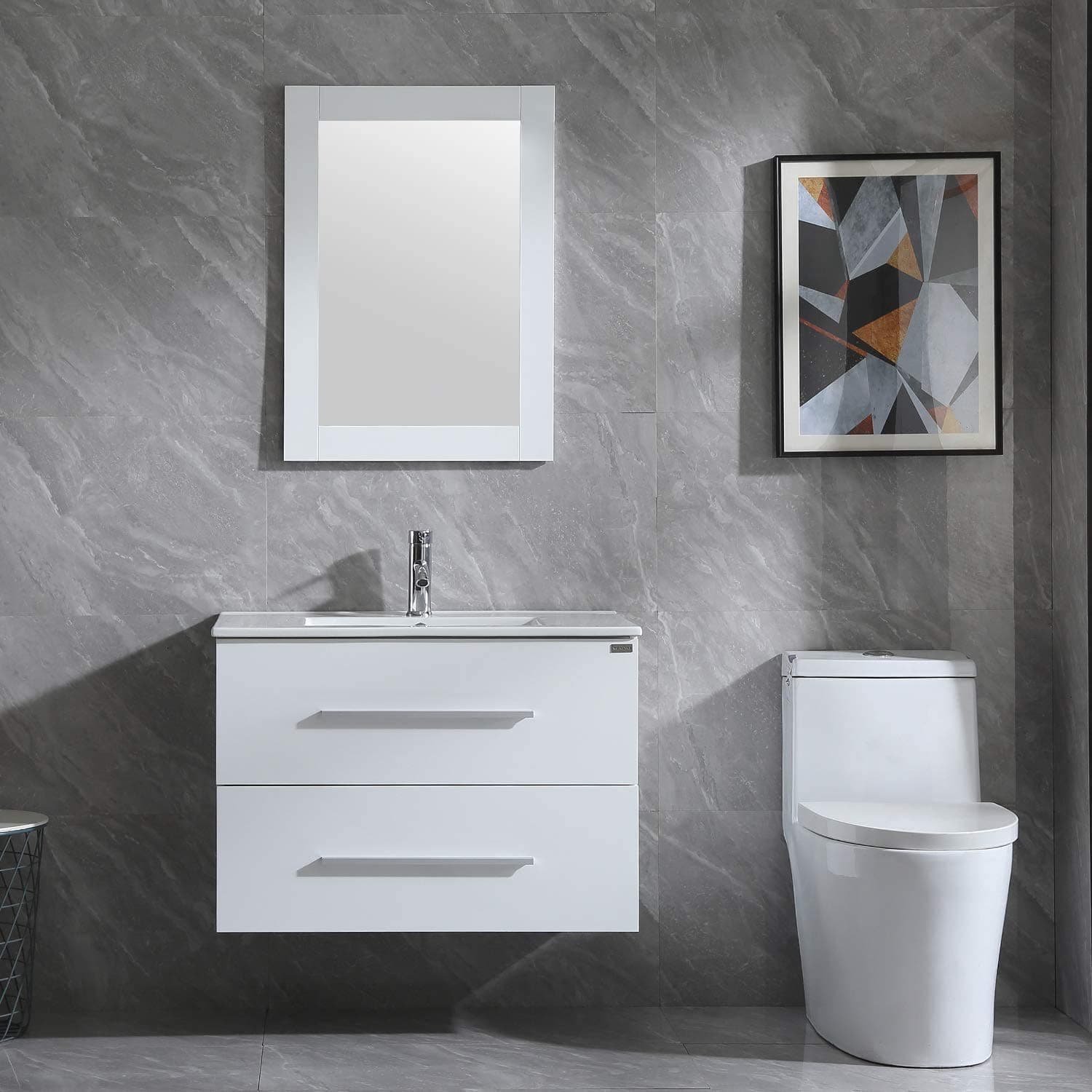 WONLINE 32" Bathroom Vanity Set Wall Mounted White Cabinet with Sink Combo Chrome Faucet