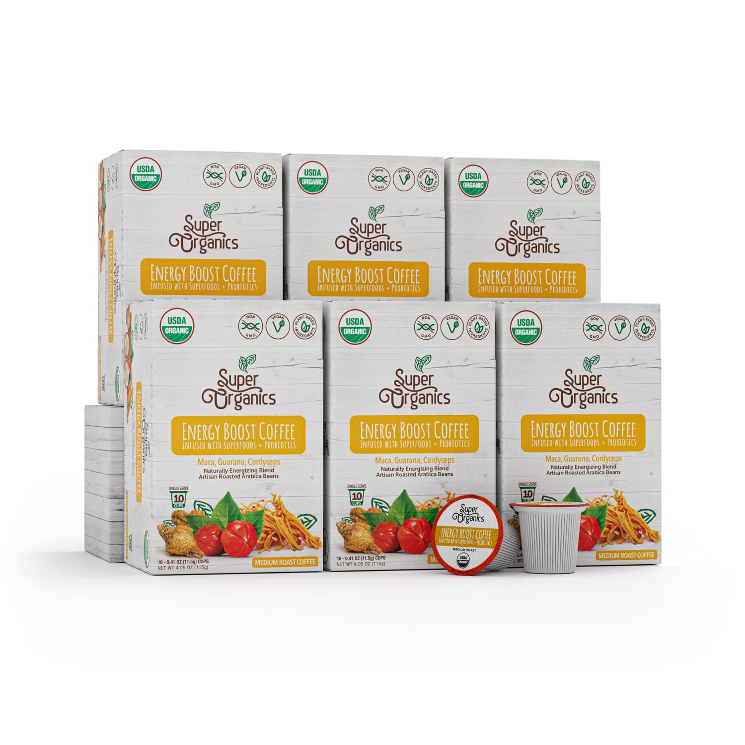 Energy Boost Coffee Brew Cups with Superfoods & Probiotics Keurig K-Cup Compatible Energizing, Stamina Medium Roast, USDA Certified Organic, Vegan, Non-GMO, 60ct