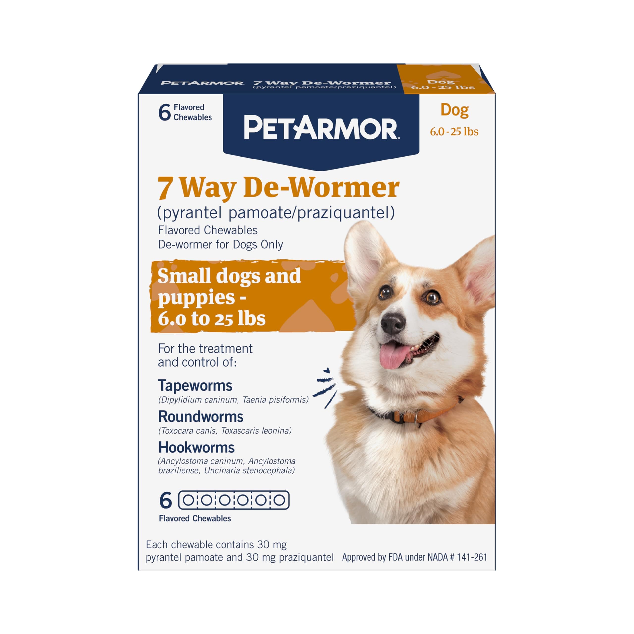 7 Way De-Wormer for Dogs, Oral Treatment for Tapeworm, Roundworm & Hookworm in Small Dogs & Puppies (6-25 lbs), Worm Remover (Praziquantel & Pyrantel Pamoate), 6 Flavored Chewables