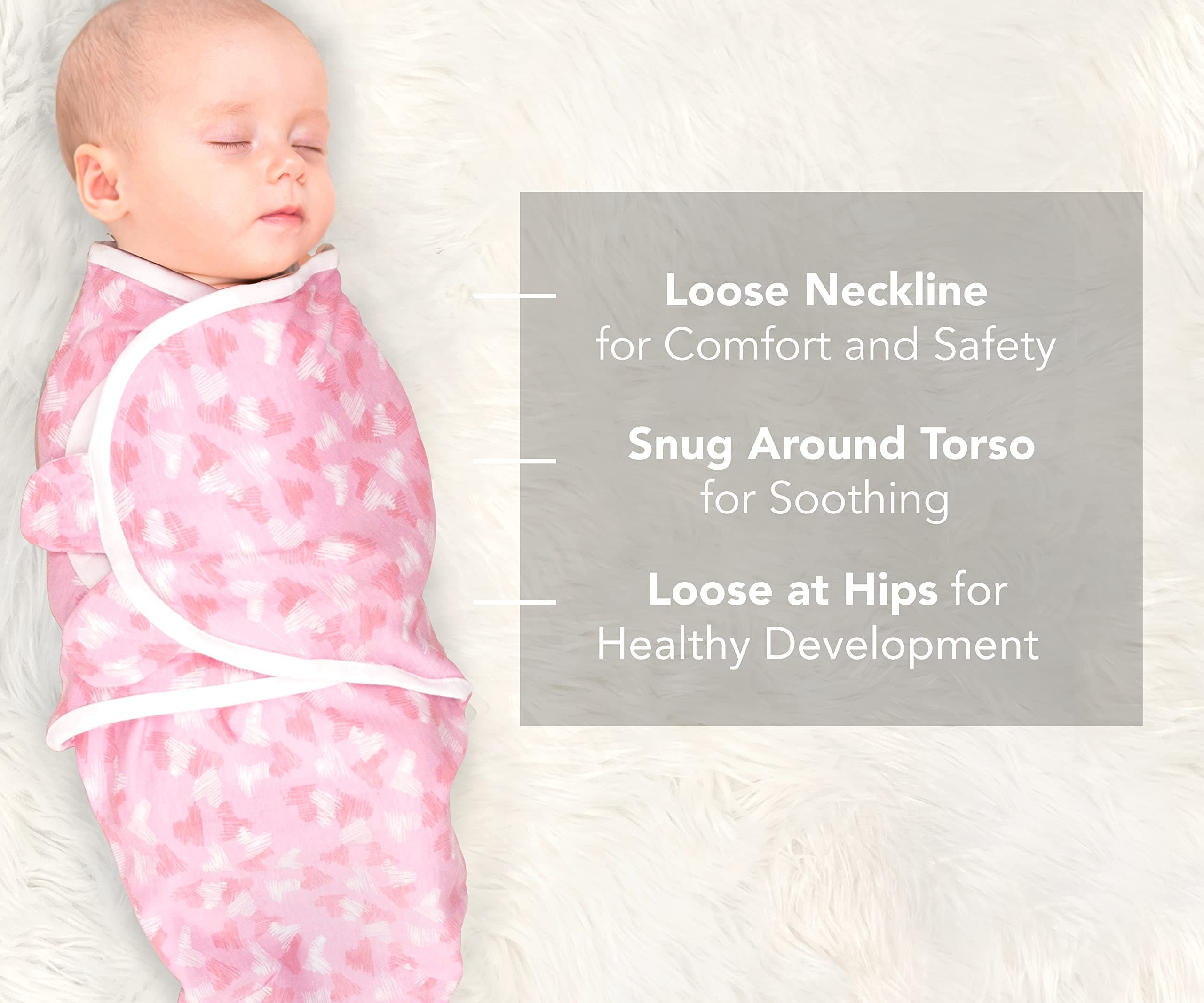 Cambria Baby 100% Organic Cotton Adjustable Swaddle Wrap for Newborns 0-3 Mo (Hearts and Flowers 3 Pk)