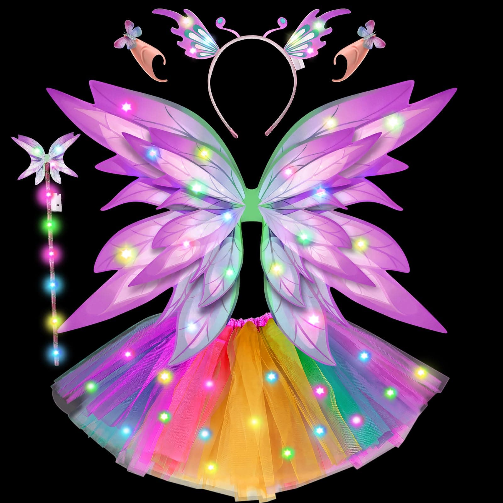 Tacobear Light Up Fairy Wings Fairy Costume for Kids Girls with LED Tutu Skirt Fairy Wand Headband Elf Ears Halloween Carnival Costume Colorful Butterfly Fairy Dress Up Set