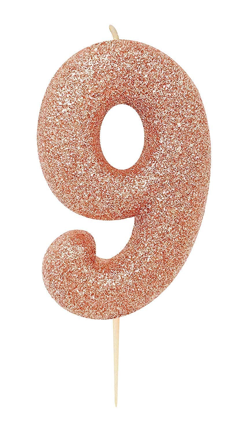 Anniversary House Age 9 Glitter Numeral Moulded Pick Candle Rose Gold