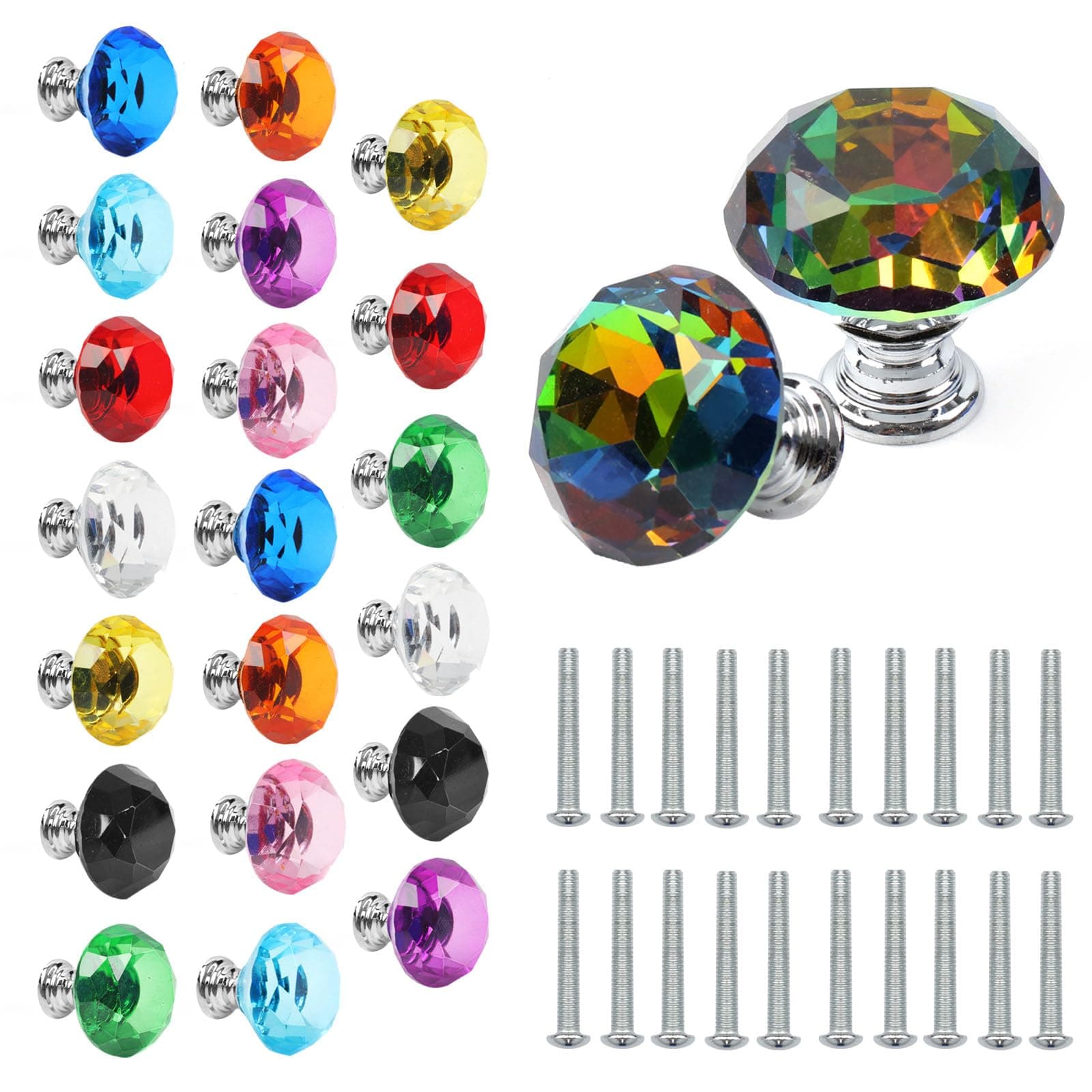 22 Pack Colorful Crystal Drawer Knobs, 30mm Glass Dresser Knobs Cabinet Diamond Shape Pulls Handle for Wardrobe, Kitchen, Bathroom, Cupboard(11 Colors)