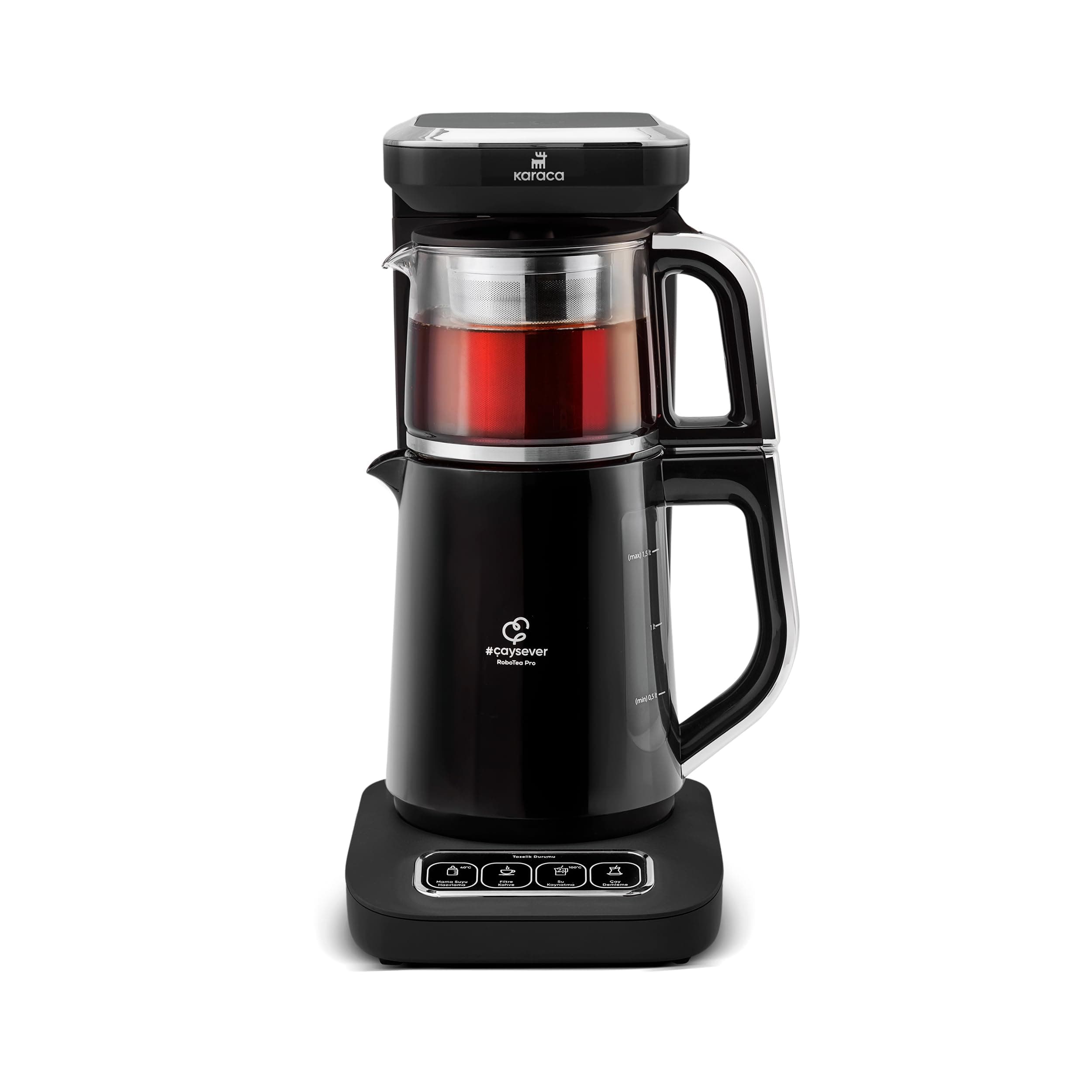 KARACA Caysever Robotea Pro 2.3L Tea Maker & Filter Coffee Machine, Smart Electric Kettle & Glass Teapot, Talking Automatic Turkish Teapot, 2500W, Black & Chrome