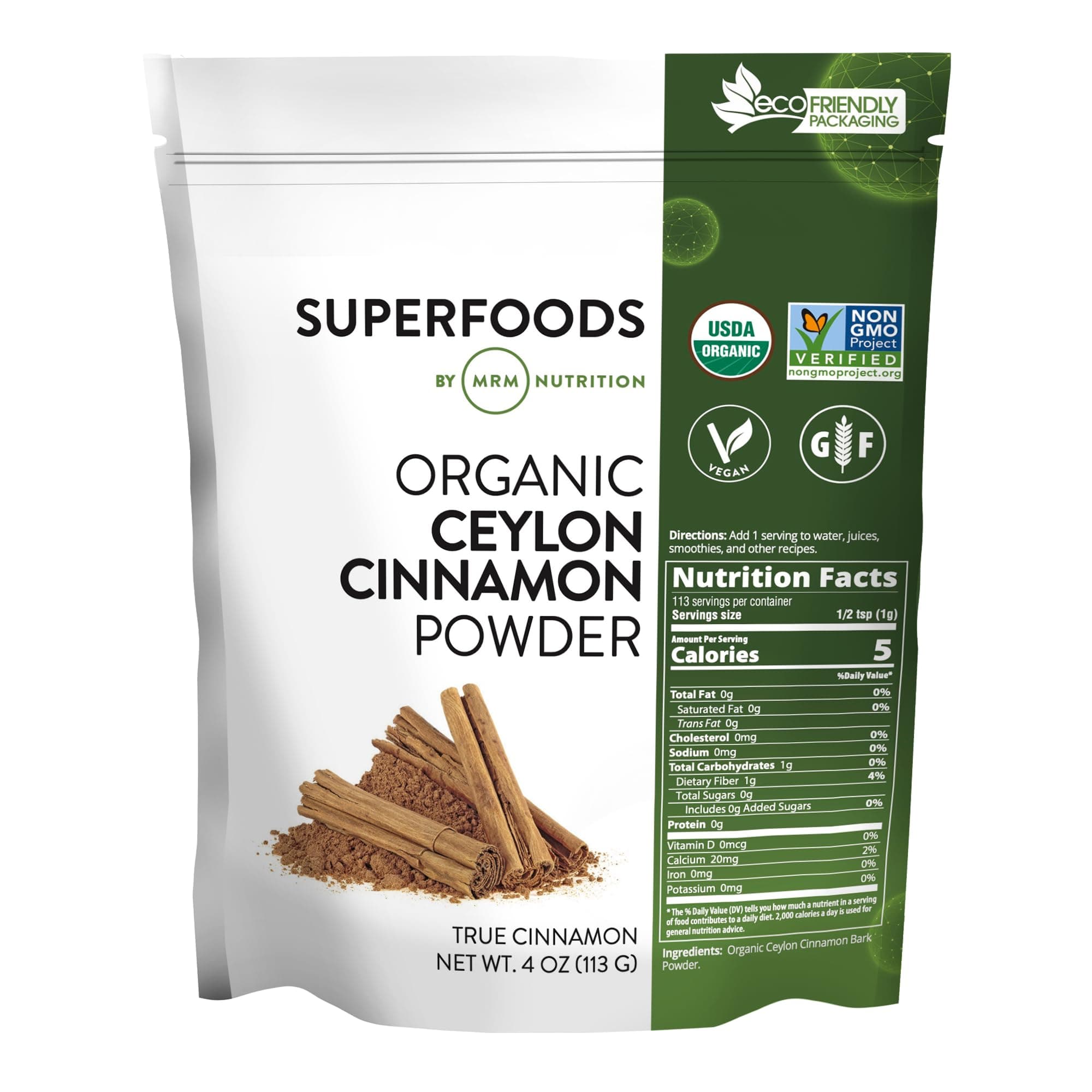 MRM Nutrition Organic Ceylon Cinnamon Powder | Superfoods | True Cinnamon | Antioxidants | Heart Health | Vegan + Gluten-Free | 113 Servings