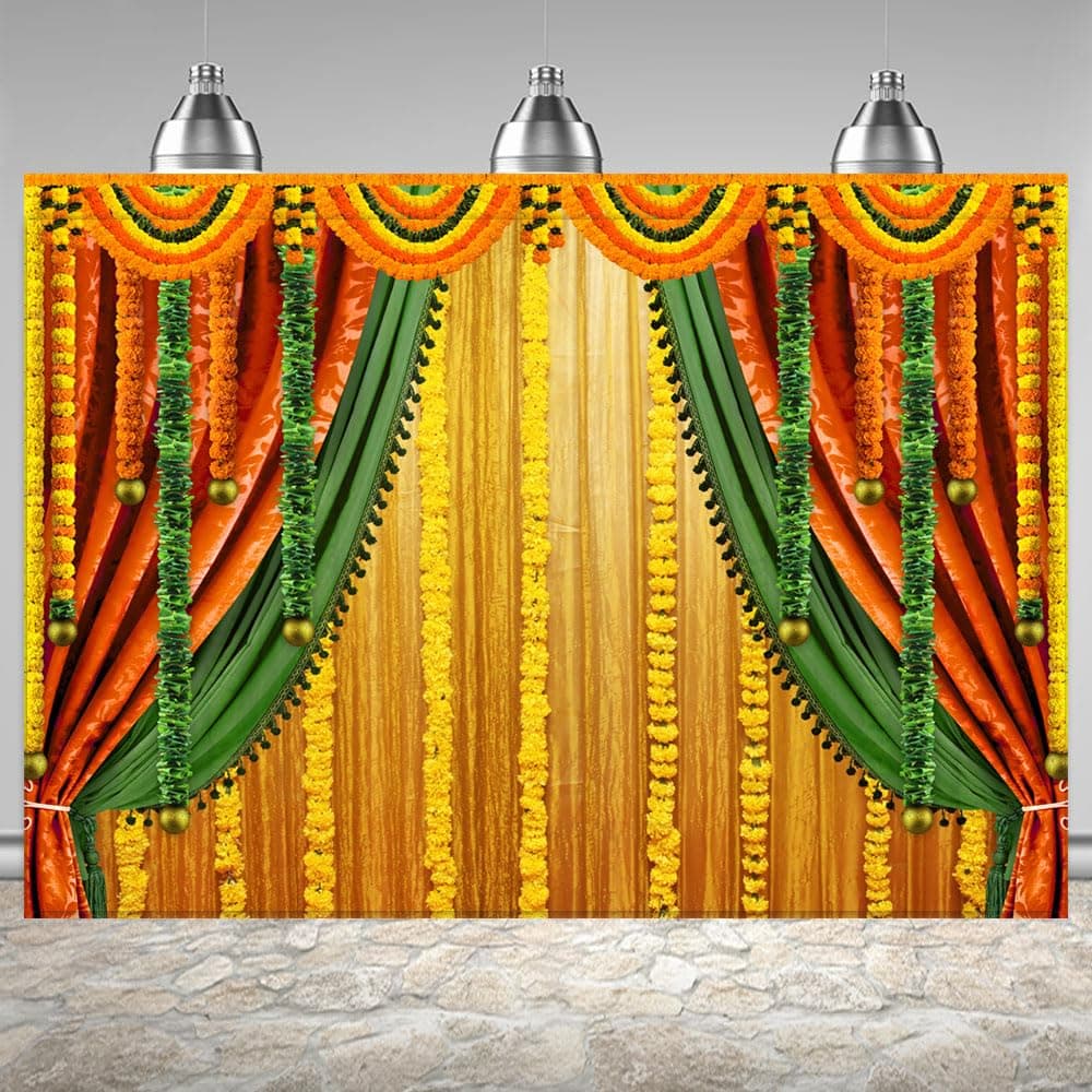 Lofaris India Pooja Photography Backdrop Puja Ganpati Pooja Traditional Mehndi Festival Background Decorations Wedding Party Marigold Garlands Photo Props 6x4ft