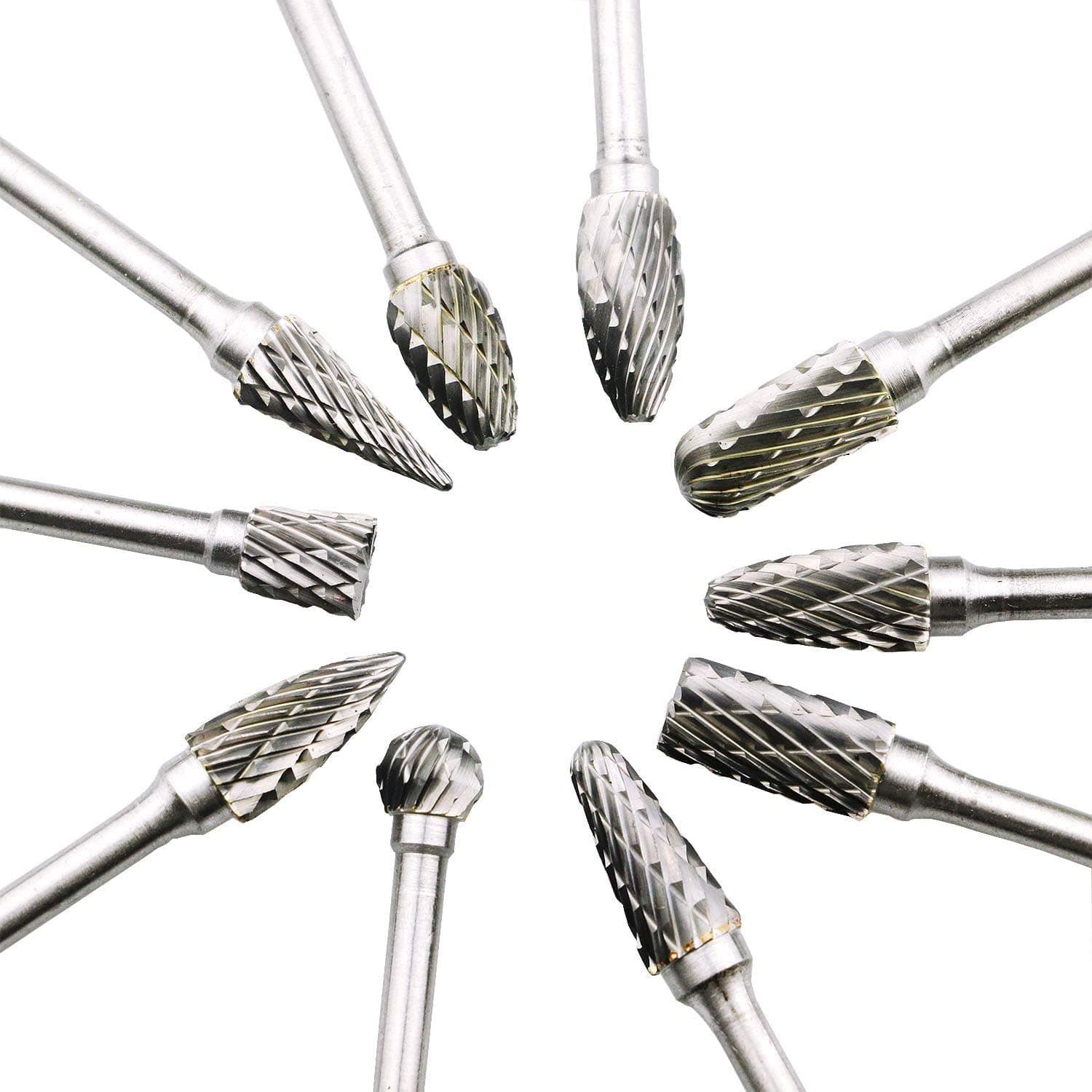 Carbide Burr Set, Tungsten Carbide burr drill Bit Set 10 Pcs Rotary Double Cut Carving Drill with 1/8 In Shank and 1/4 In Head for Grinder Drill, Wood-Working Carving, Metal Polishing, Drilling, Etc