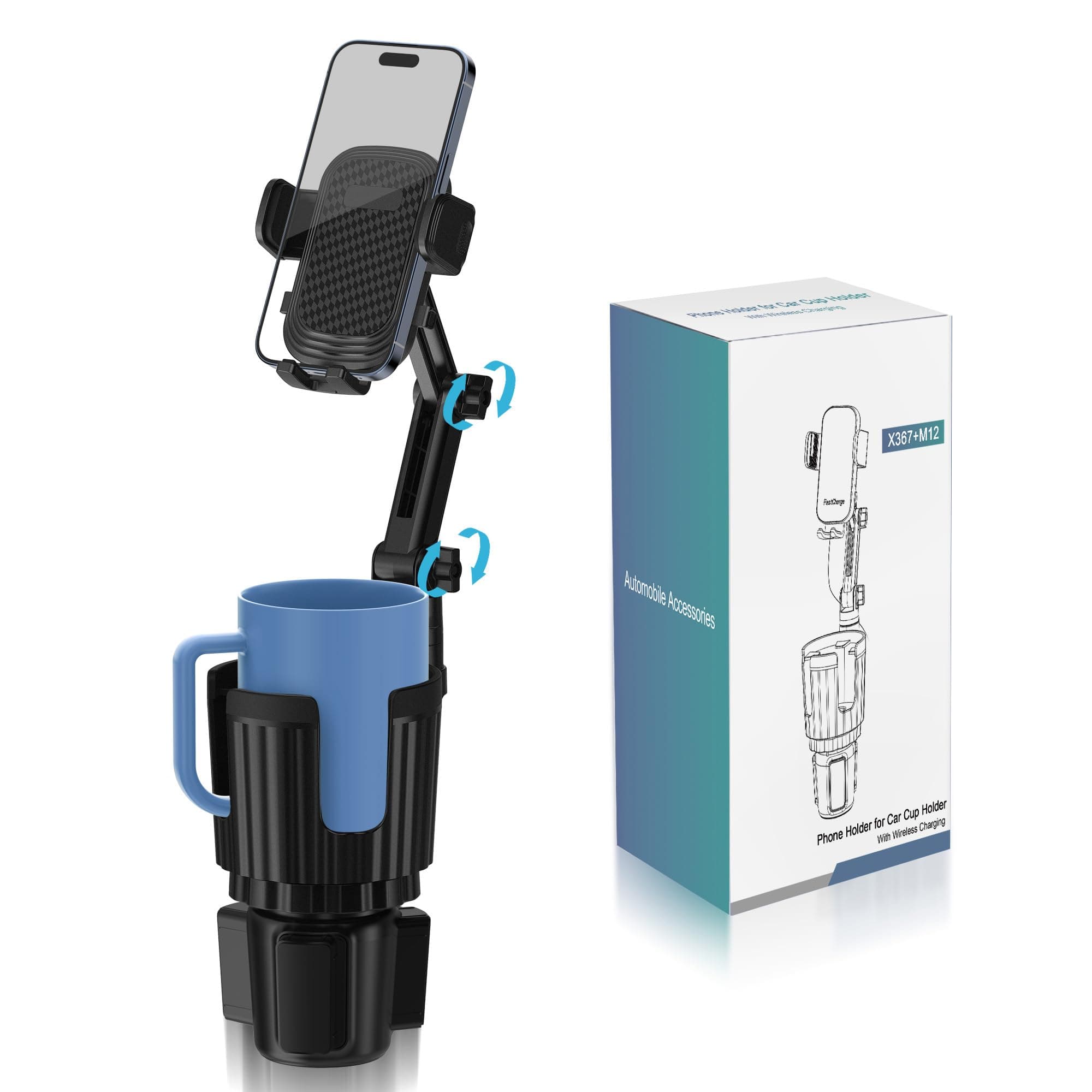 Phone Holders for Your Car Cupholder, 2 in 1 Cell Phone Holder Mount with Cup Holder Expandable Base, 360 Degree Rotating Neck, Fits All 4-7" Smartphones and Most Bottles, 1 Pack