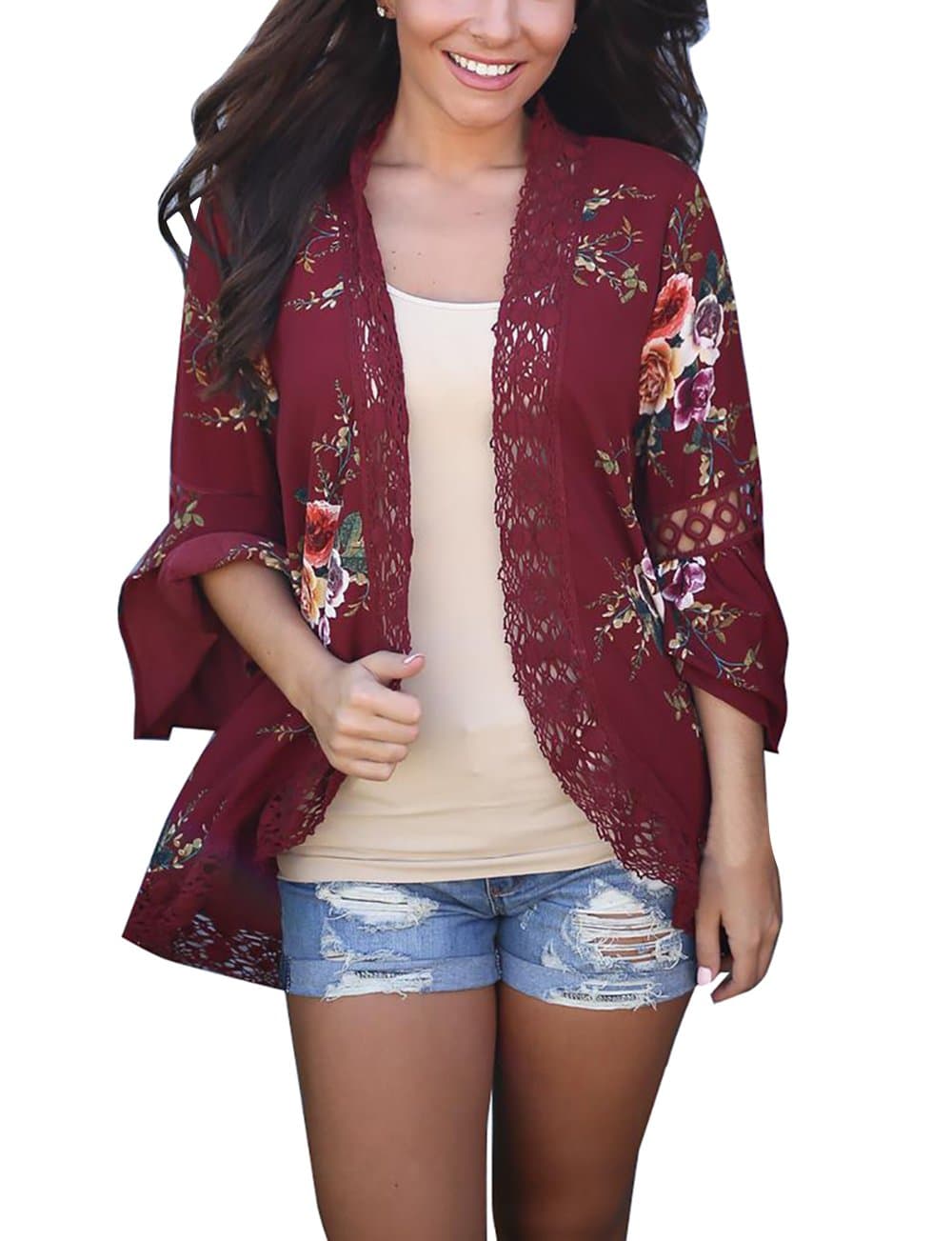 Yieune Chiffon Cardigan Women's Summer Long Sleeve Floral Kimono Shirt (Wine Red XL)