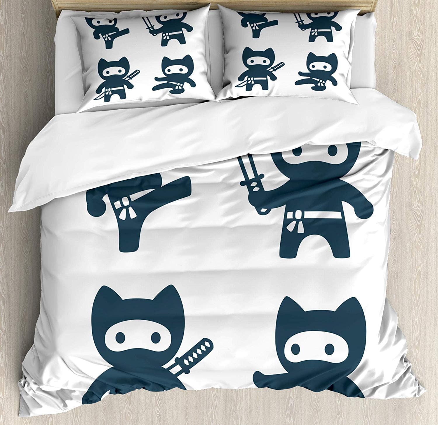 VORMOR Kawaii Duvet Cover Set Queen Size, Monochrome Oriental Cartoon Ninjas with Asian Martial Arts Inspired Pattern, Decorative 3 Piece Bedding Set with 2 Pillow Shams, Dark Blue White
