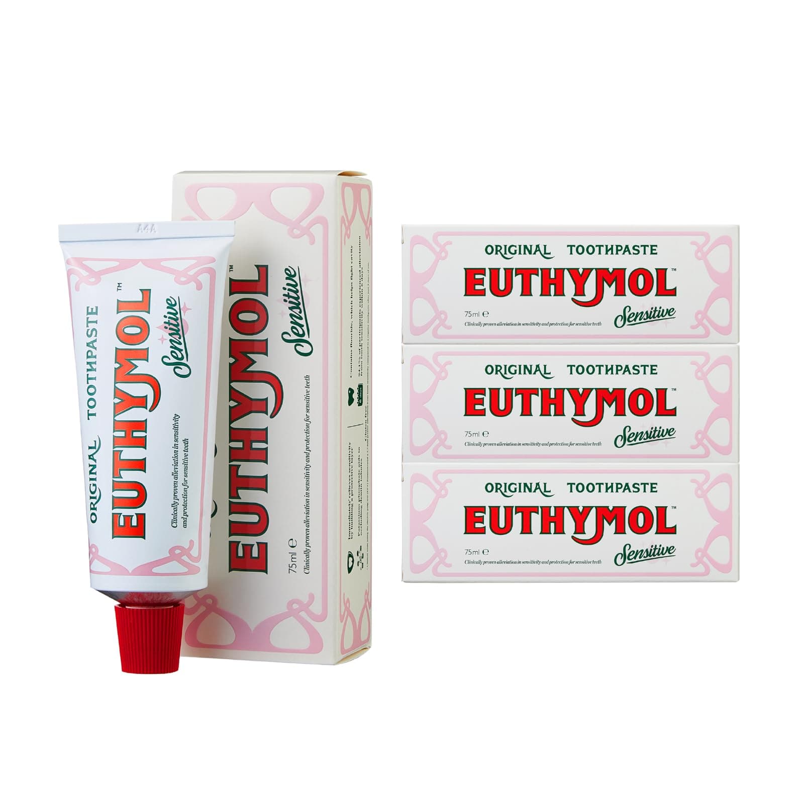 Euthymol Sensitive Toothpaste 75ml x 3,Fluoride Toothpaste for Sensitive Teeth, Plaque Removal, Cavity Protection, Antibacterial, Gluten-Free, Thymol & Menthol, Freshens Breath,Gentle Dental Care