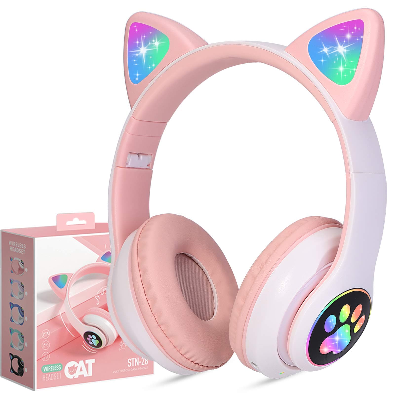 TCJJ Bluetooth 6.0 Cat Ear Kids Headphones for Girls, LED Light Up, 85dB Safe Volume Limit, Stereo Sound Toddler Foldable Wireless & 3.5mm Wired Headset with Mic for School, Tablet, Travel