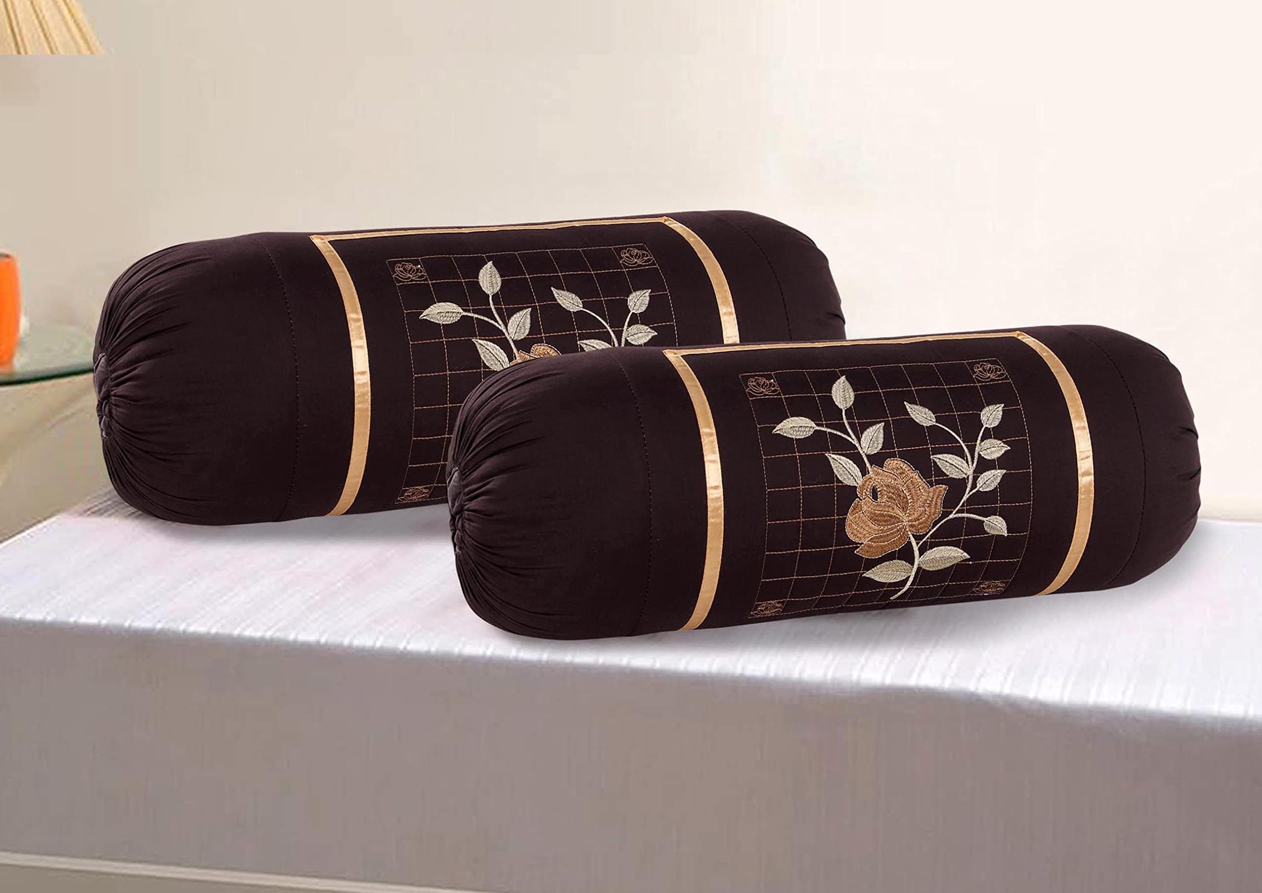 Microfiber Rose Embroidery Bolsters Covers Set of 2 Piece (Dark_Brown)
