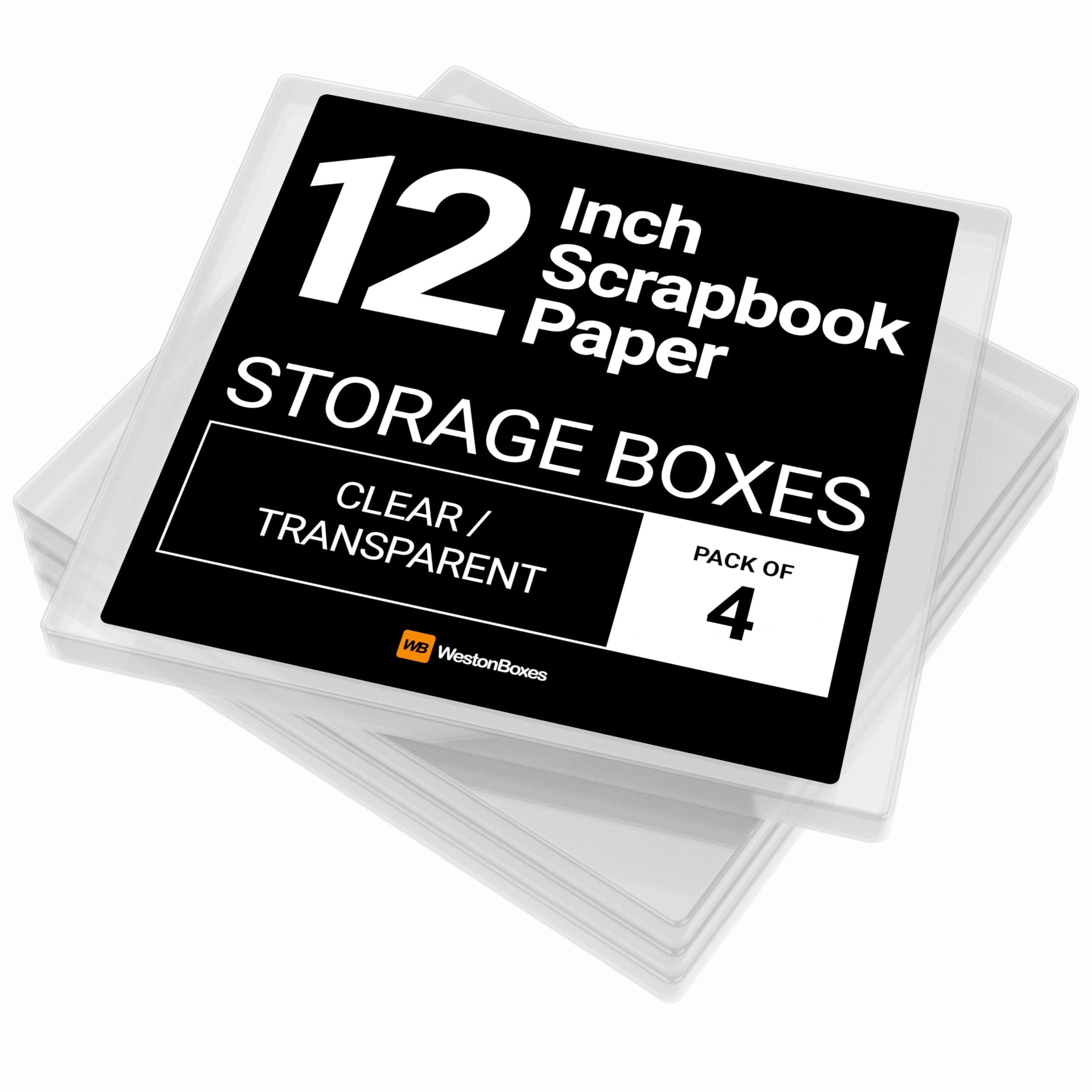 WestonBoxes Plastic 12 x 12 Inch Scrapbooking Paper Storage Box (Clear, Pack of 4)