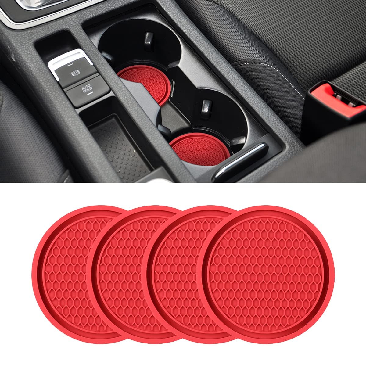 XINLIYA Car Cup Holder Coaster, 4 Pack 2.77 Inch Diameter Non-Slip Universal Insert Coaster, Durable, Suitable for Most Car Interior, Accessory for Women and Men (Red)