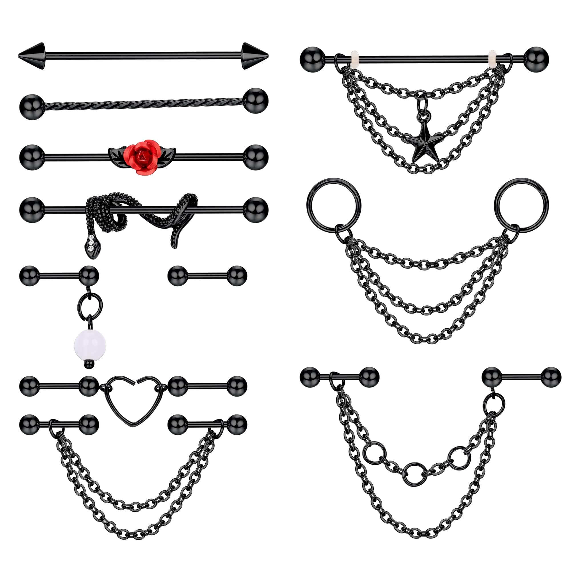 Sanfenly Industrial Piercing Jewelry 14G 16G Stainless Steel Earrings With Chain Dangle Bar Double Cartilage Helix Piercing Barbell for Women Men