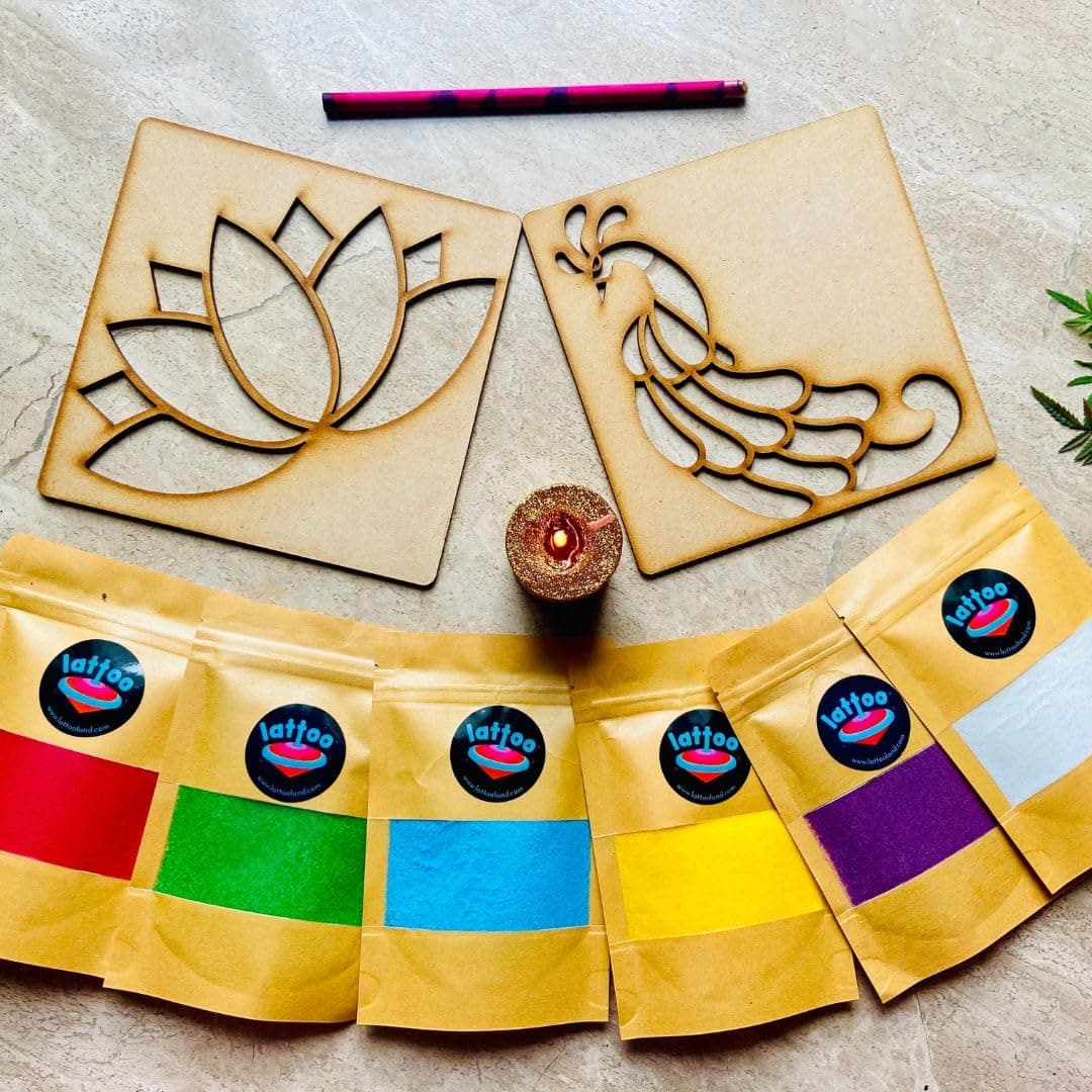Lattooland Organic Rangoli Kit | 6 Colors of Rangoli | 2 Wooden Stencils (with Lotus and Peacock Stencils)