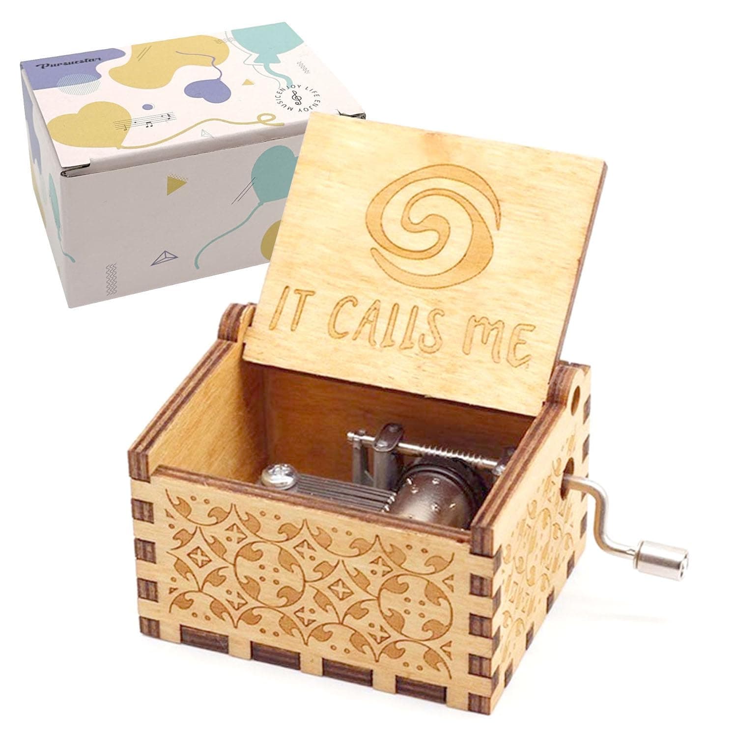 Engraved Vintage Wood Hand Crank Music Box