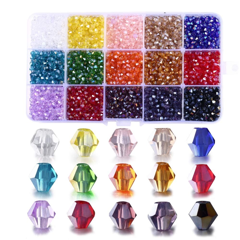 4MM Glass Beads 15 Colors 3000Pcs Bicone Crystal Beads for DIY Beading Projects, Bracelets, Necklaces, Earrings & Other Jewelrie