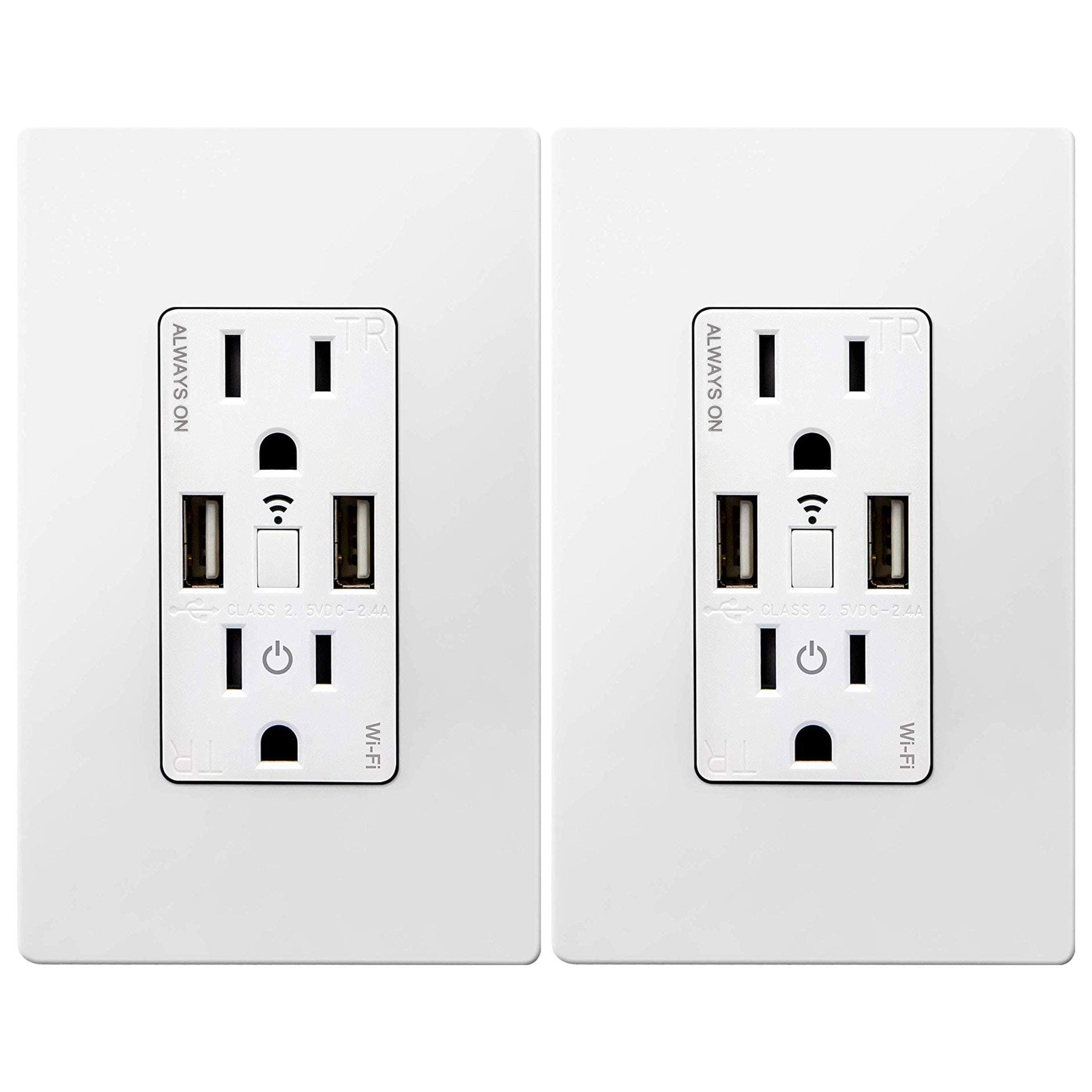TOPGREENERSmart Wi-Fi In-Wall Tamper Resistant Dual USB Charger Outlet, Compatible with Alexa, Google Assistant, IFTTT, 15A Receptacle, No Hub Required, TGWF215U2A, 2-Pack