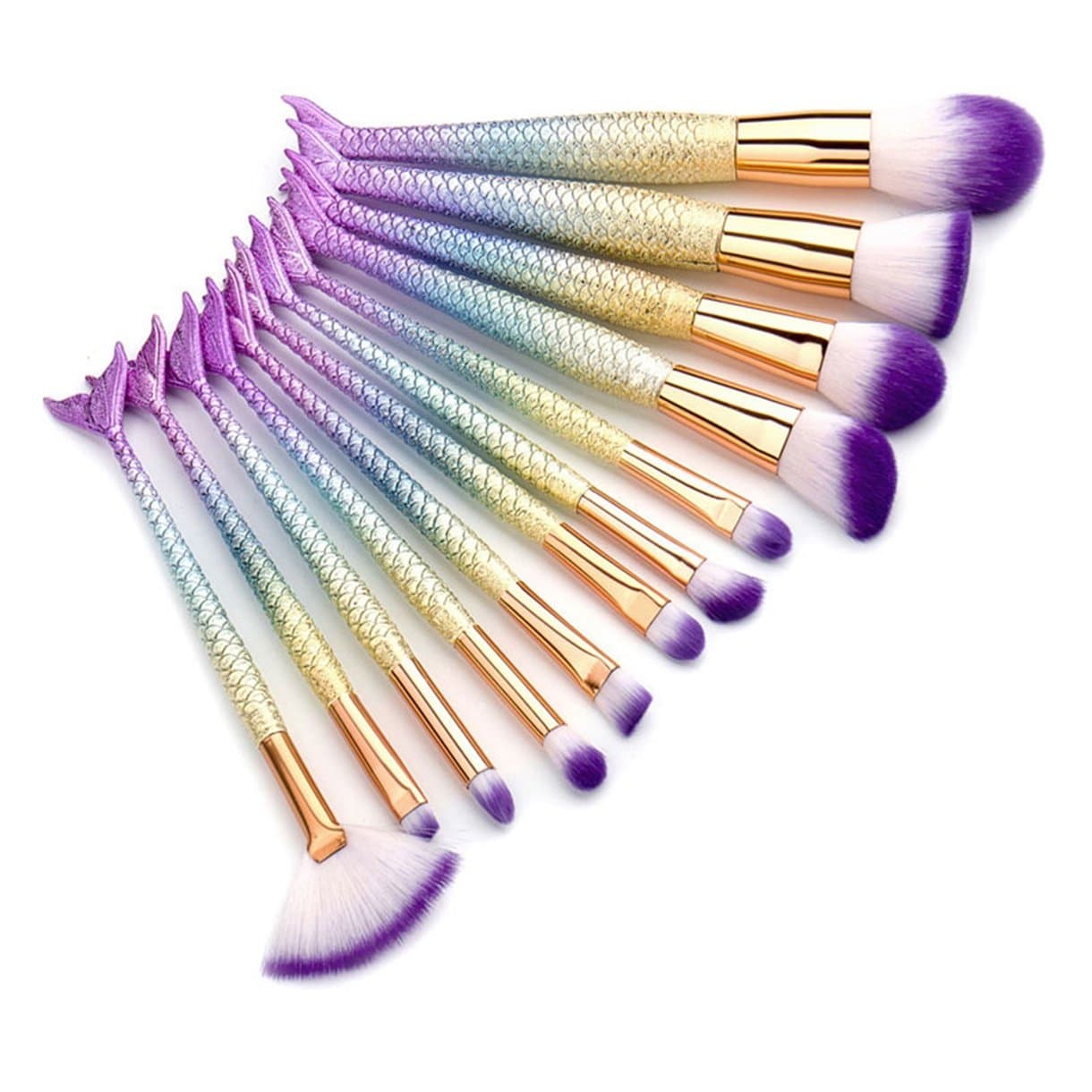 12 Piece Unicorn Mermaid Fish Makeup Brushes Set Eyeshadow Contour Blending Cosmetic Make Up Tool Professional Natural Beauty Palette Exquisite Popular Colorful Rainbow Hair Highlights Kit, Type-02