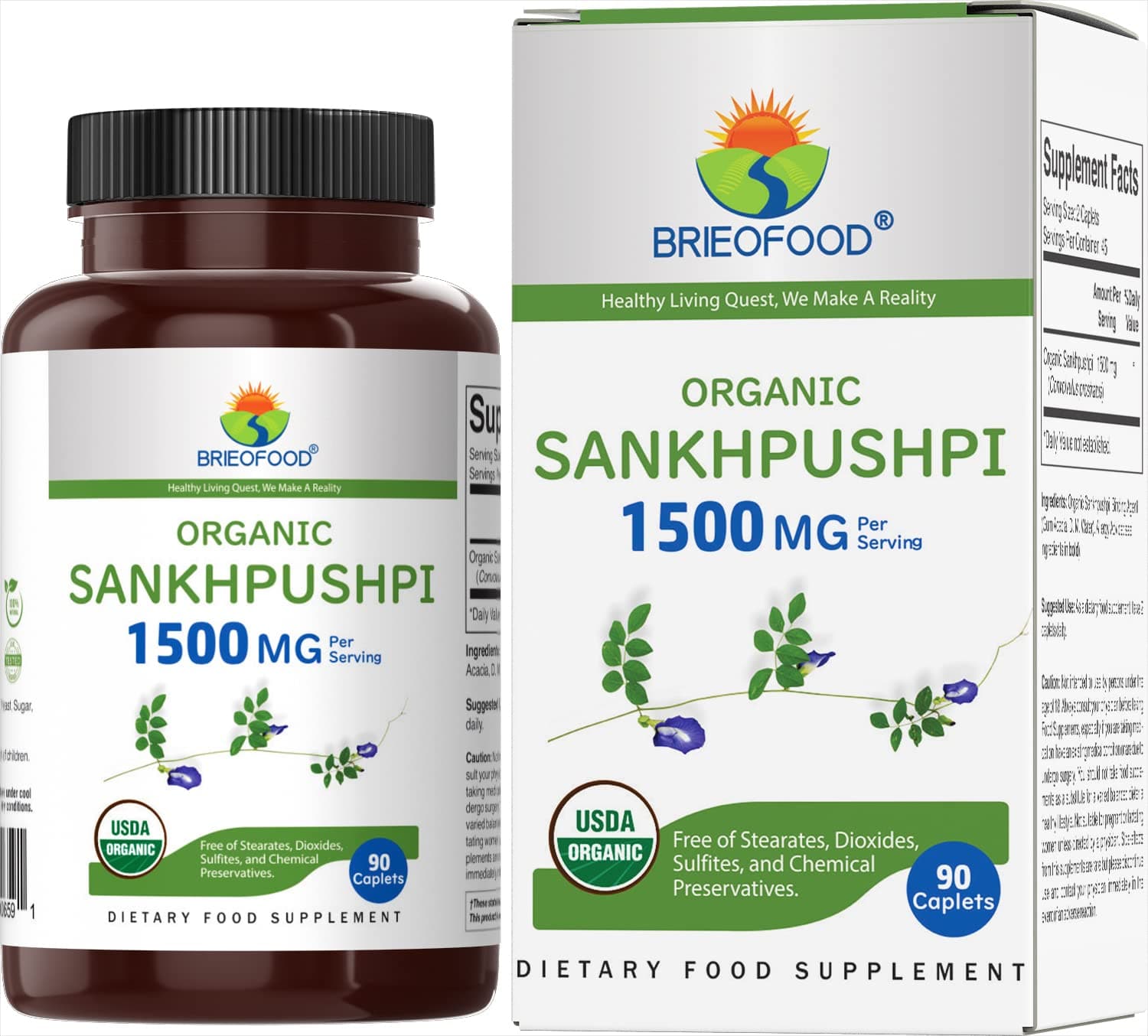 Organic Sankhpushpi 1500mg, 45 Servings, Vegetarian, Gluten Free, 90 Vegetarian Tablets