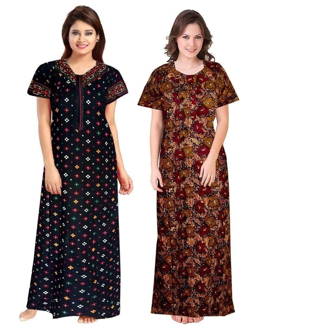 NEGLIGEENighty for Women Cotton Printed Maxi Gown Ankle Length Nighty Navy Blue & Brown - Free Size (Pack of 2), Brown