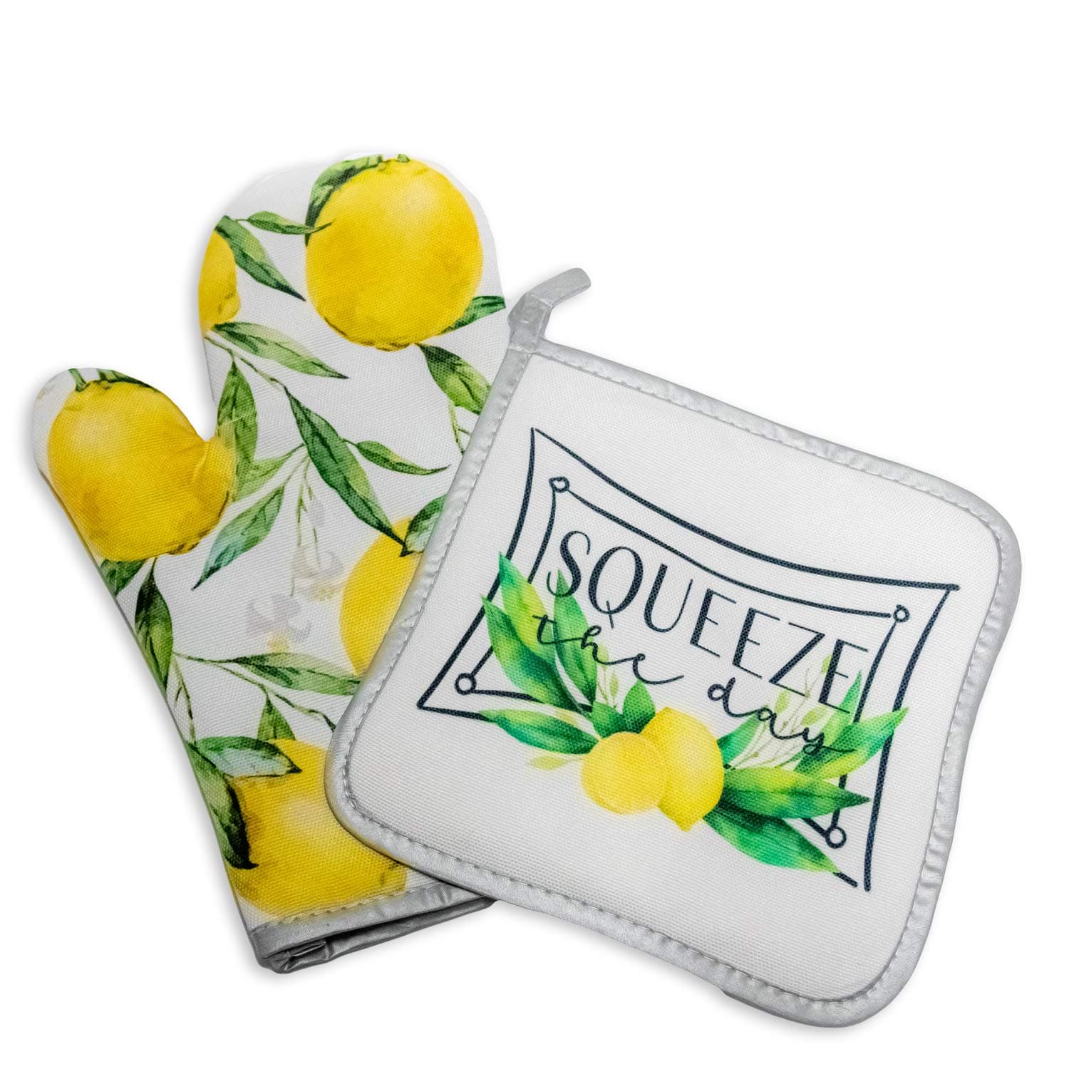 Serenity Home Goods Lemon Oven Mitt & Pot Holder Set – Decorative 2-Piece Kitchen Set | “Squeeze the Day” Lemons Theme | 100% Polyester | Farmhouse Kitchen Décor, Lemon Gifts