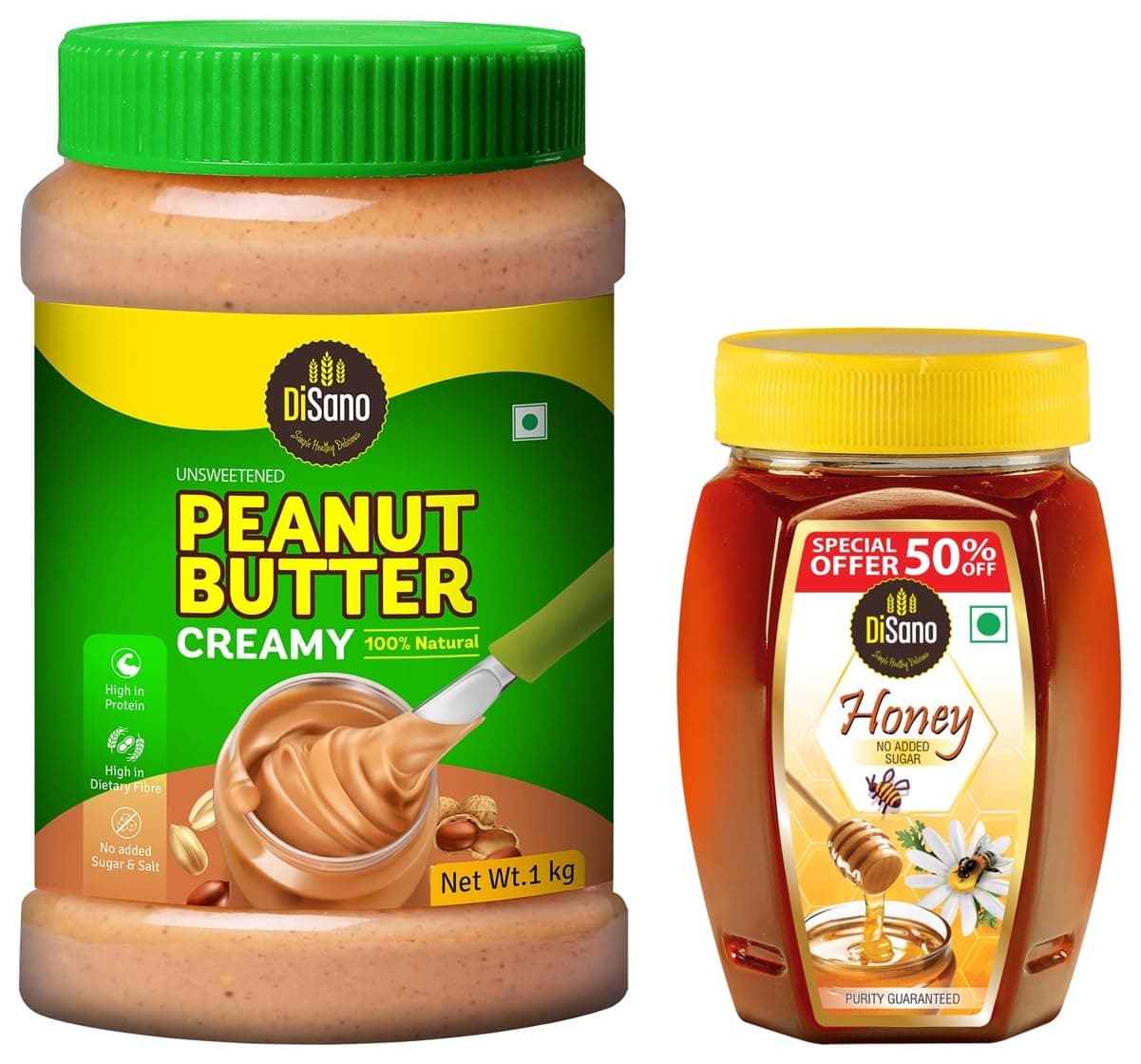 DiSano Peanut Butter, All Natural, Creamy, Unsweetened, 30% Protein, Gluten Free, Non GMO, 1Kg & Pure Honey, 500gm