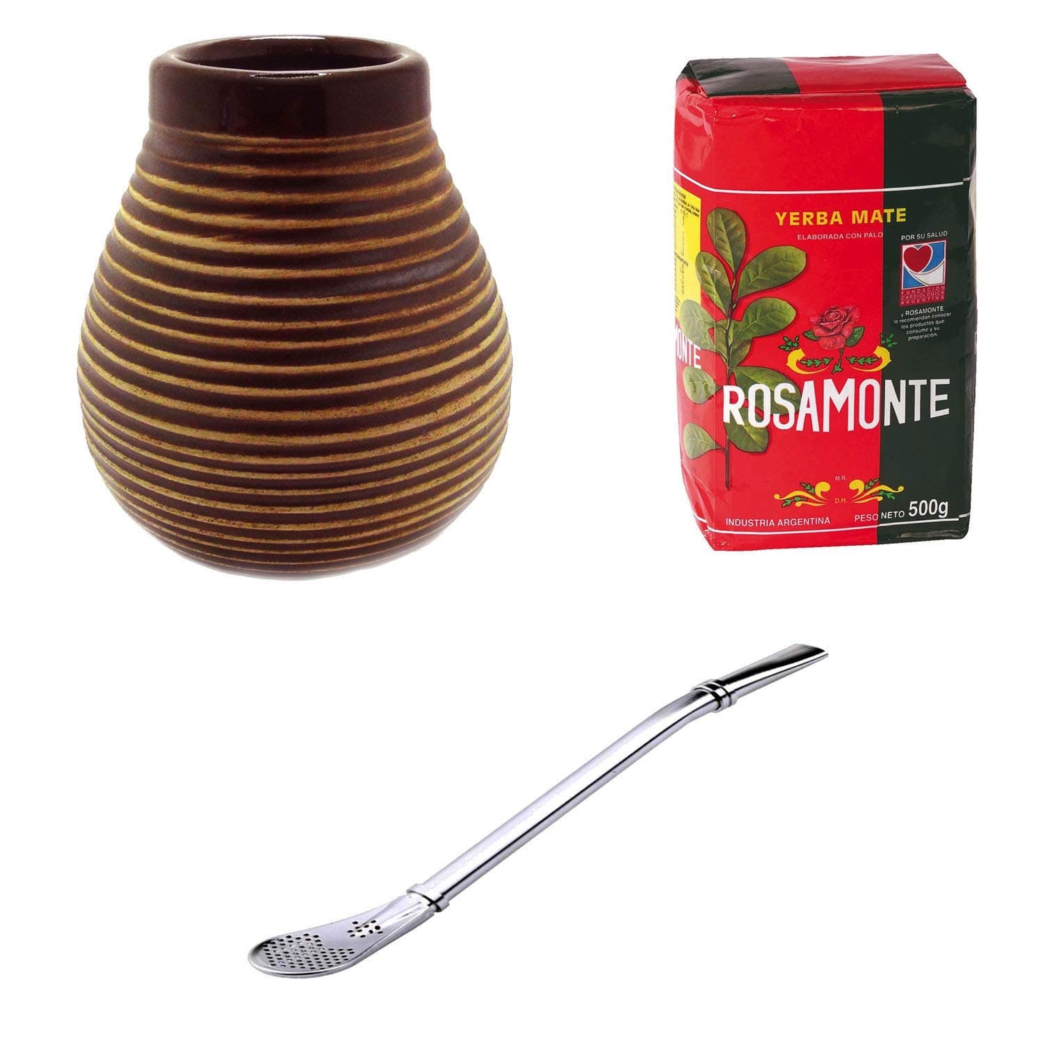 Mate Ceramic Mug Brown + Bombilla Stainless Steel + Rosamonte Yerba Mate 500 g