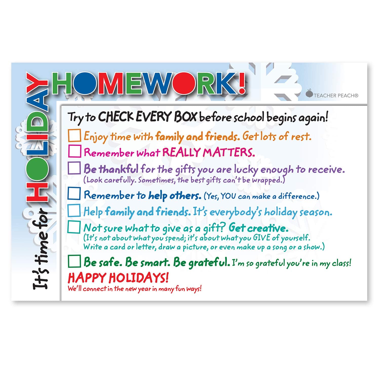 Teacher Peach"Holiday Homework" Positive Postcards - Motivational Thank You Notes from Teachers - Classroom Teaching Supplies for Preschool, Kindergarten, or Elementary School Teachers - 50 Cards