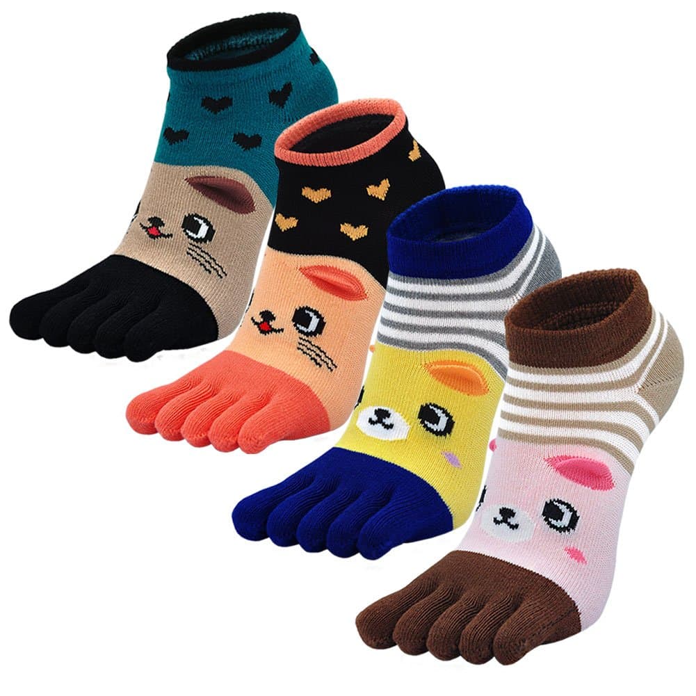 Womens Toe Socks Ladies Five Finger Cotton Socks, Womens Funny Cute Cat Animal Socks Ladies Novelty Socks with Toe, Christmas socks, 4 Pairs