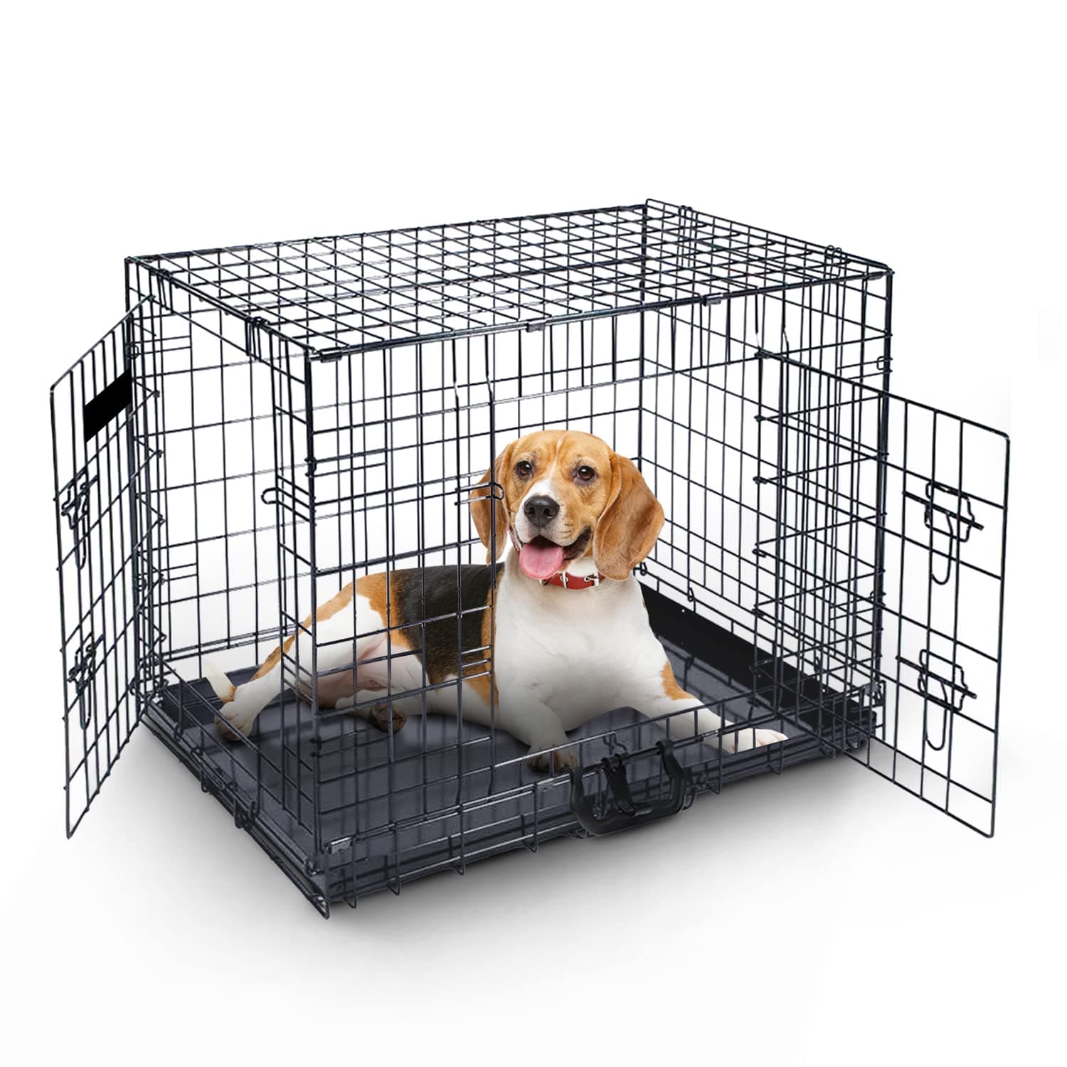 Furdreams 36-Inch Dog Cage Crate – Heavy Duty Black Metal Folding Crate with 2 Doors (Front & Side), Chew-Resistant Plastic Base Tray, and Carrier Handle – Ideal for Puppy Training (92 x 57 x 63cm)