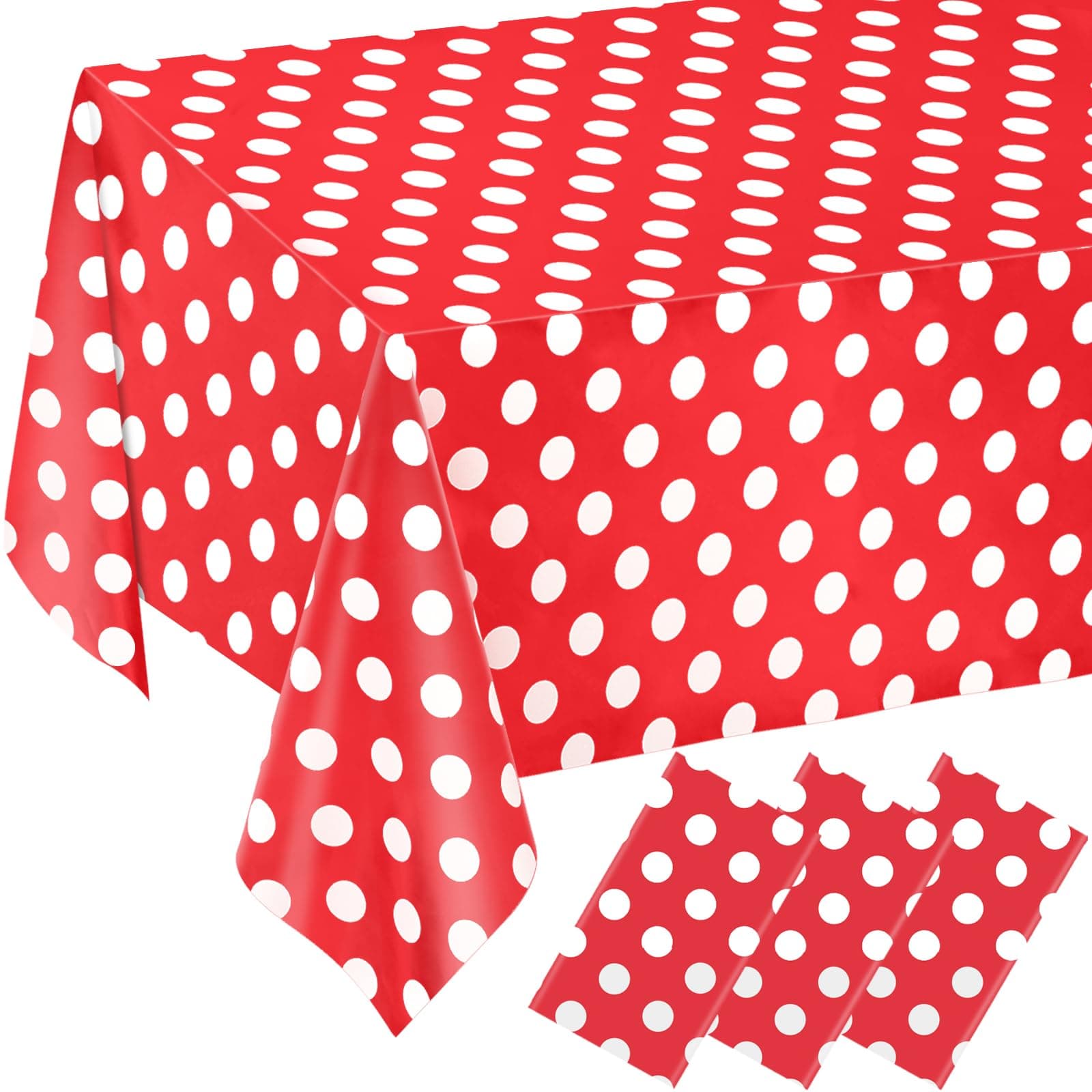 QISOLIY 3 Packs Minnie Mouse Table Cloths Red Polka Dot Tablecloth Disposable Plastic Waterproof Picnic Table Red and White Dots Minnie Tablecover for Birthday Party Bridal Shower 54 x 108 Inch