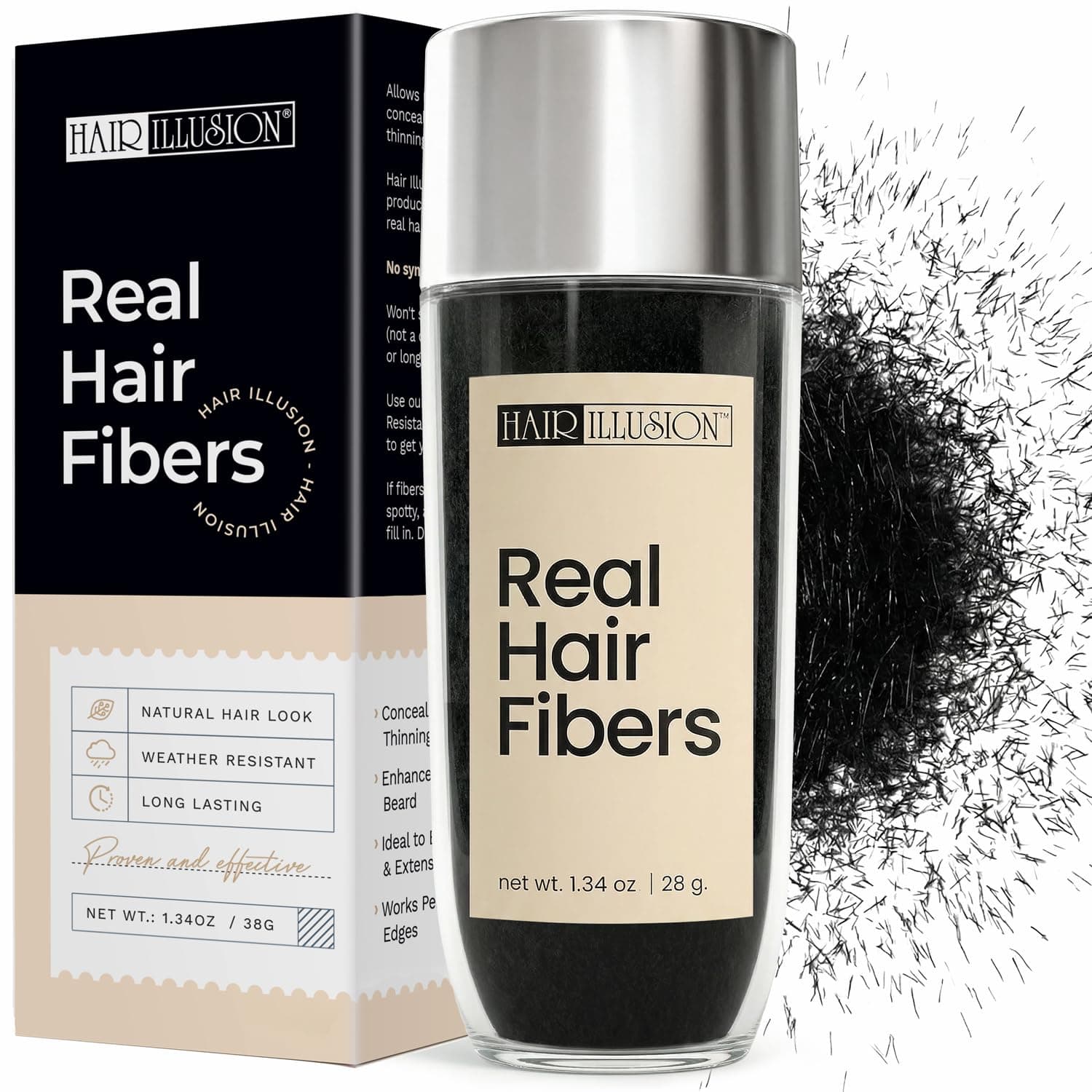 Hair Illusion Black Real Hair Fibers for Thinning Hair - 100% Natural Texture, Non Synthetic Hair Fibers - Bald Spot Cover Up for Women & Men - 38 Gram