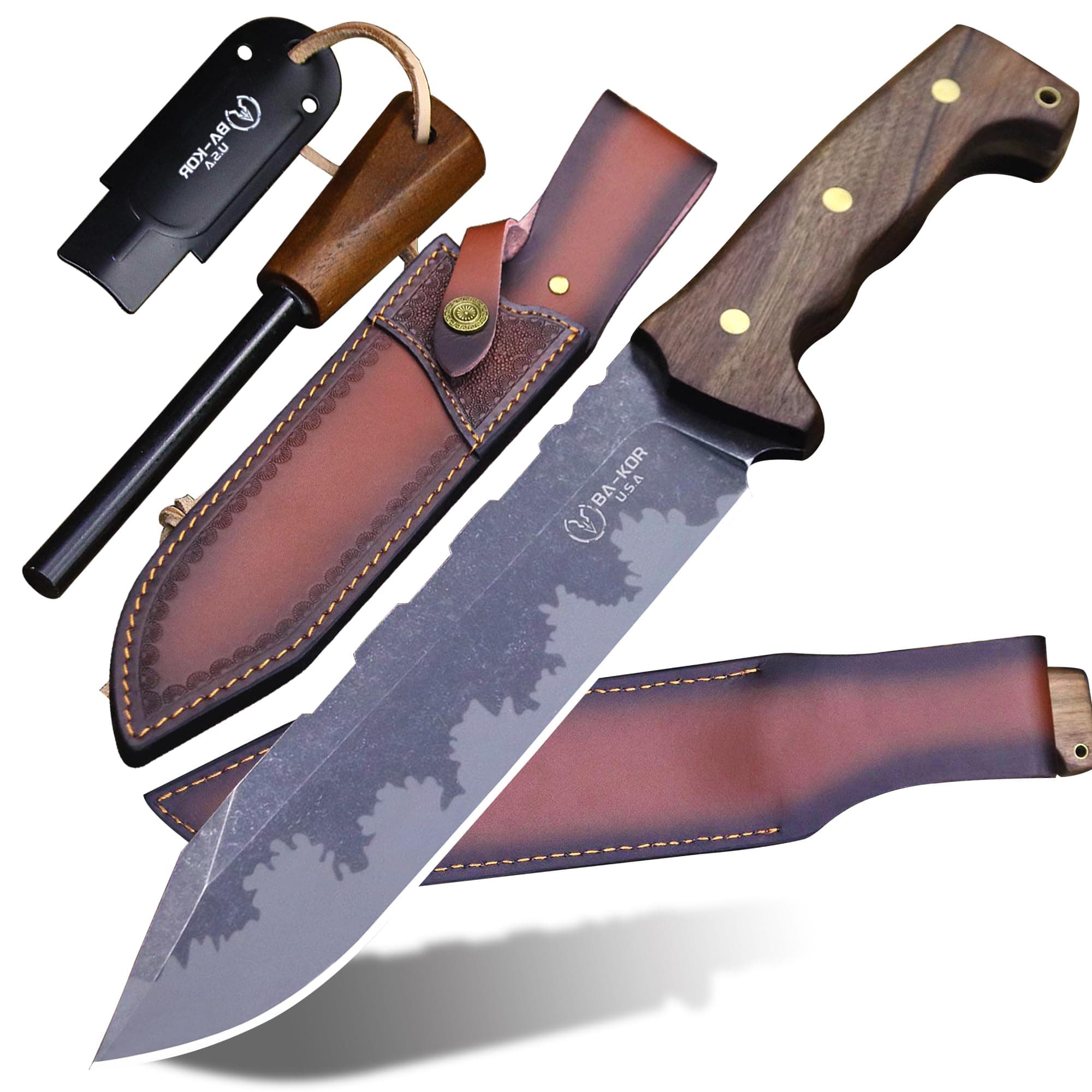 BA-KOR DC53 Steel 38CM (15.2IN) Full Tang 6mm Thick Fixed Knife+Sheath&(5.9IN) Cerium Igniter, Suitable for Outdoor Hunting, Camping, Survival Exploration, EDC