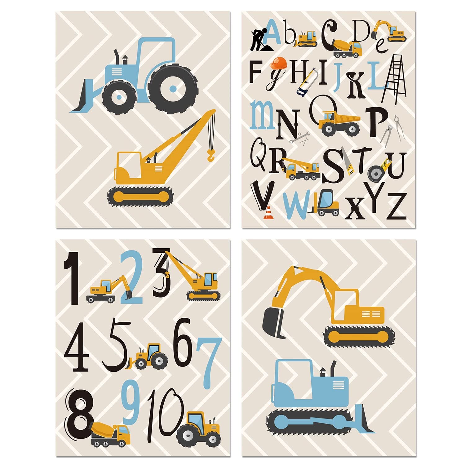 KAIRNE Cartoon Construction Art Print, Set Of 4 (8X10”) Trucks,digger,Transport Vehicle canvas Poster,Alphabet Numbers Art painting Set,Boy Bedroom Classroom Decor,Unframed