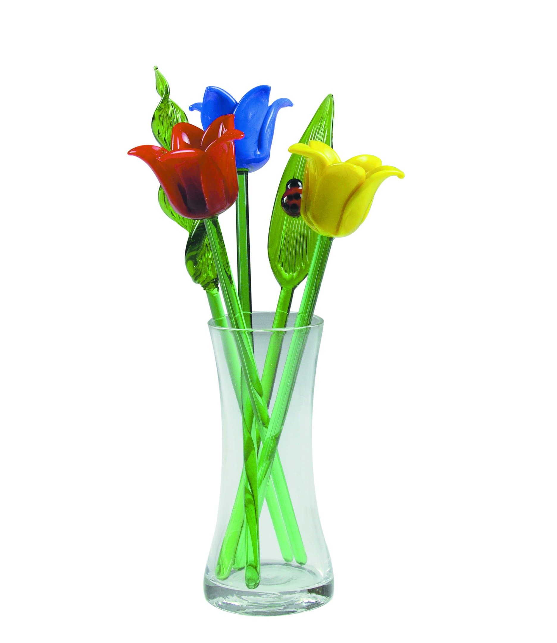 NEW Hand Blown Glass Tulip Flowers & Leaves Set & Glass Vase & Ladybug on Leaf